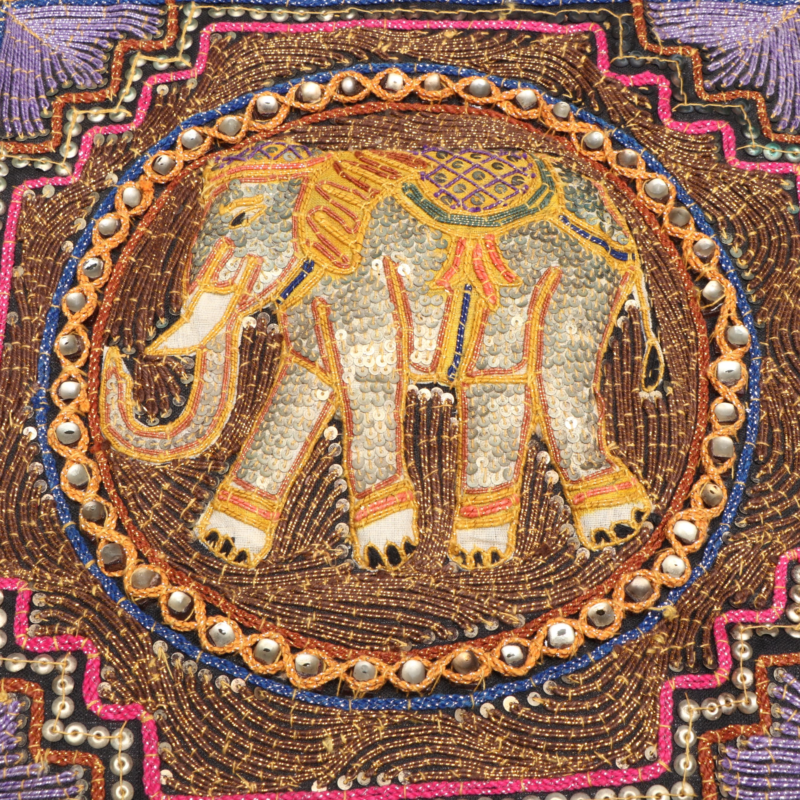 Pair of Indian Kalaga Hand-Embroidered Elephant Pillow Shams