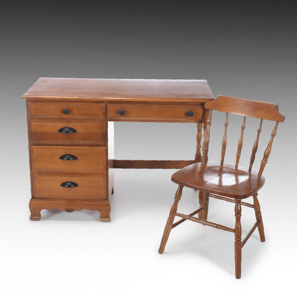Americana Style Maple Bedroom Desk and Chair, Mid-20th Century