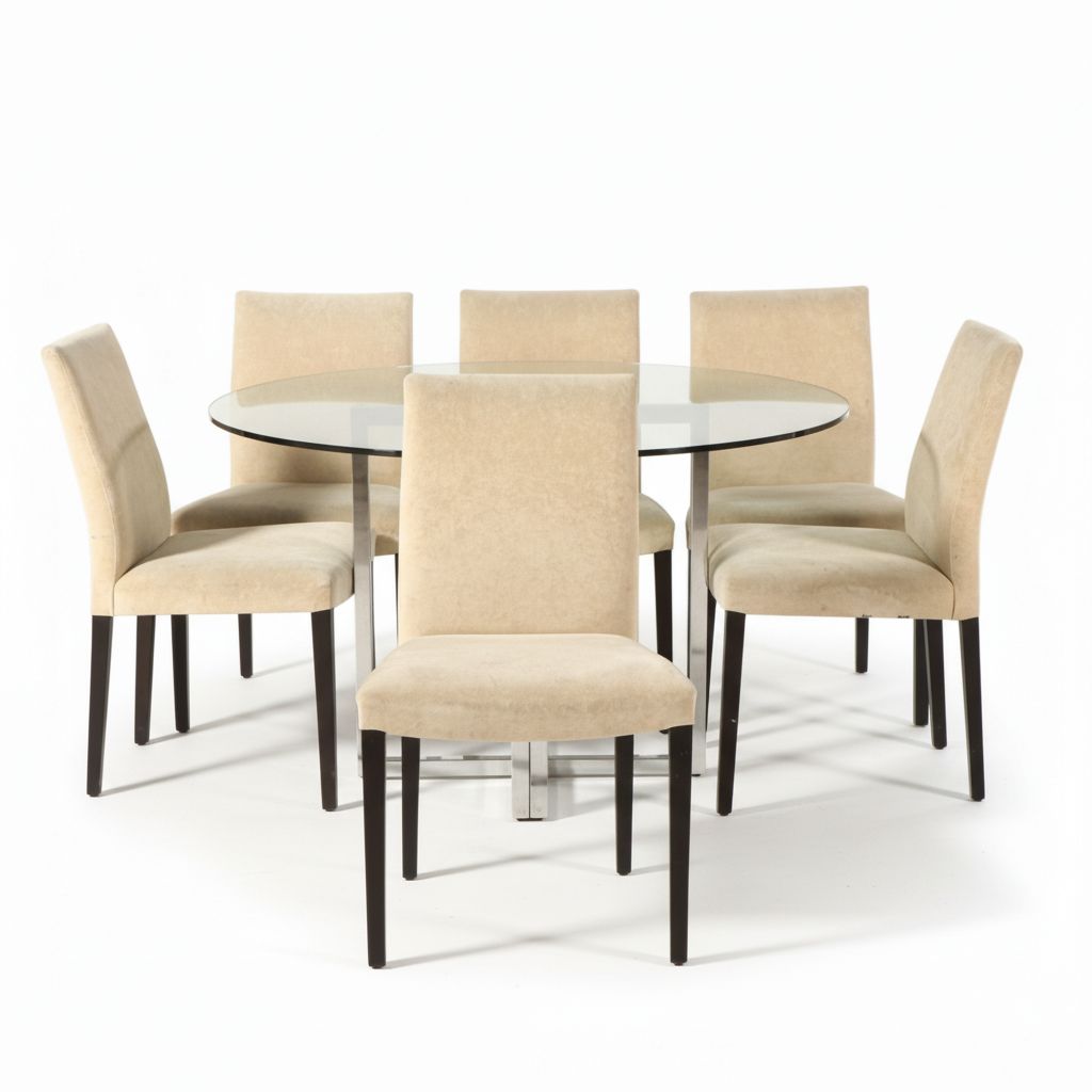 Seven-Piece Modern Dining Set with Chrome and Smoke Glass Pedestal Table