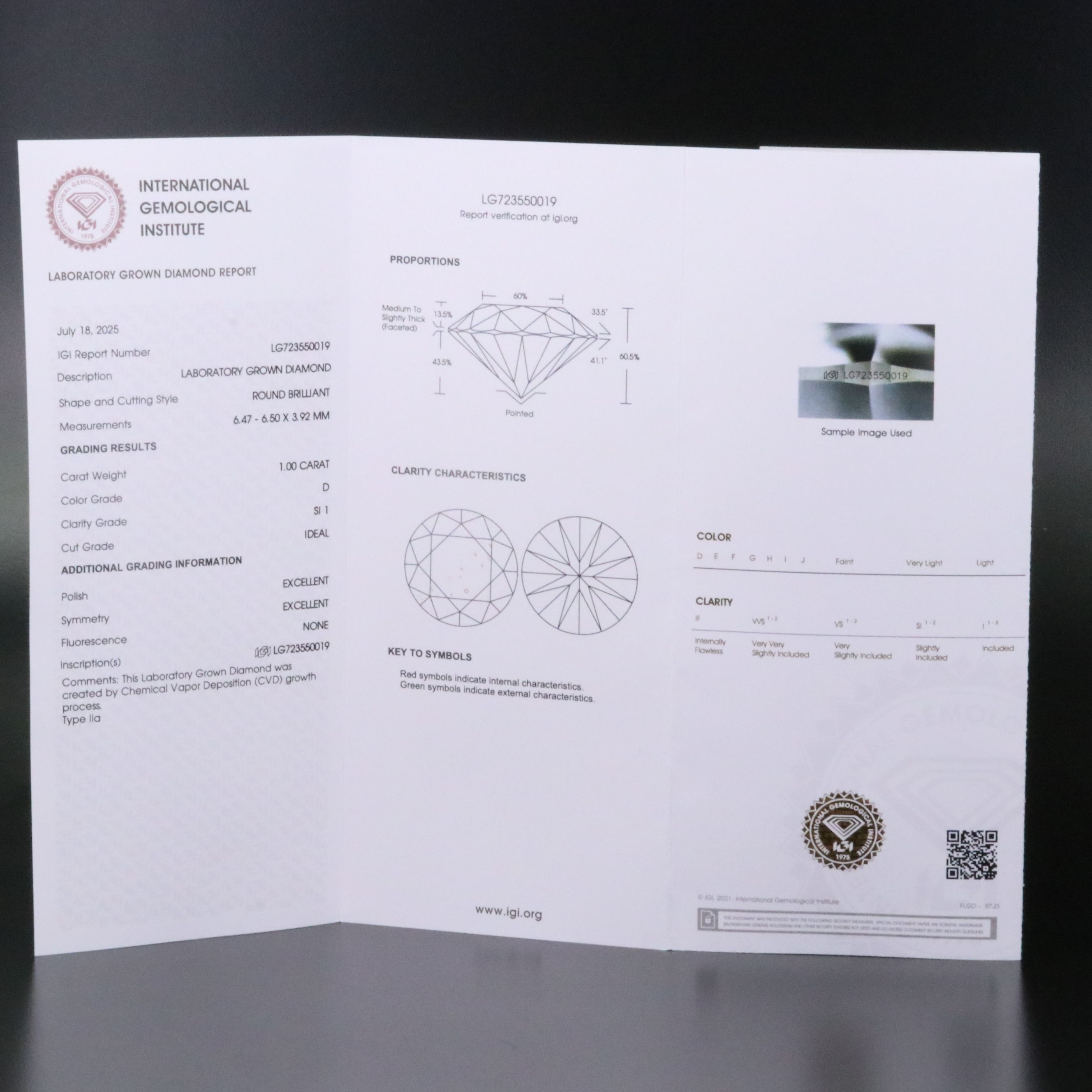 Loose 1.00 CT Lab Grown Diamond with IGI Report