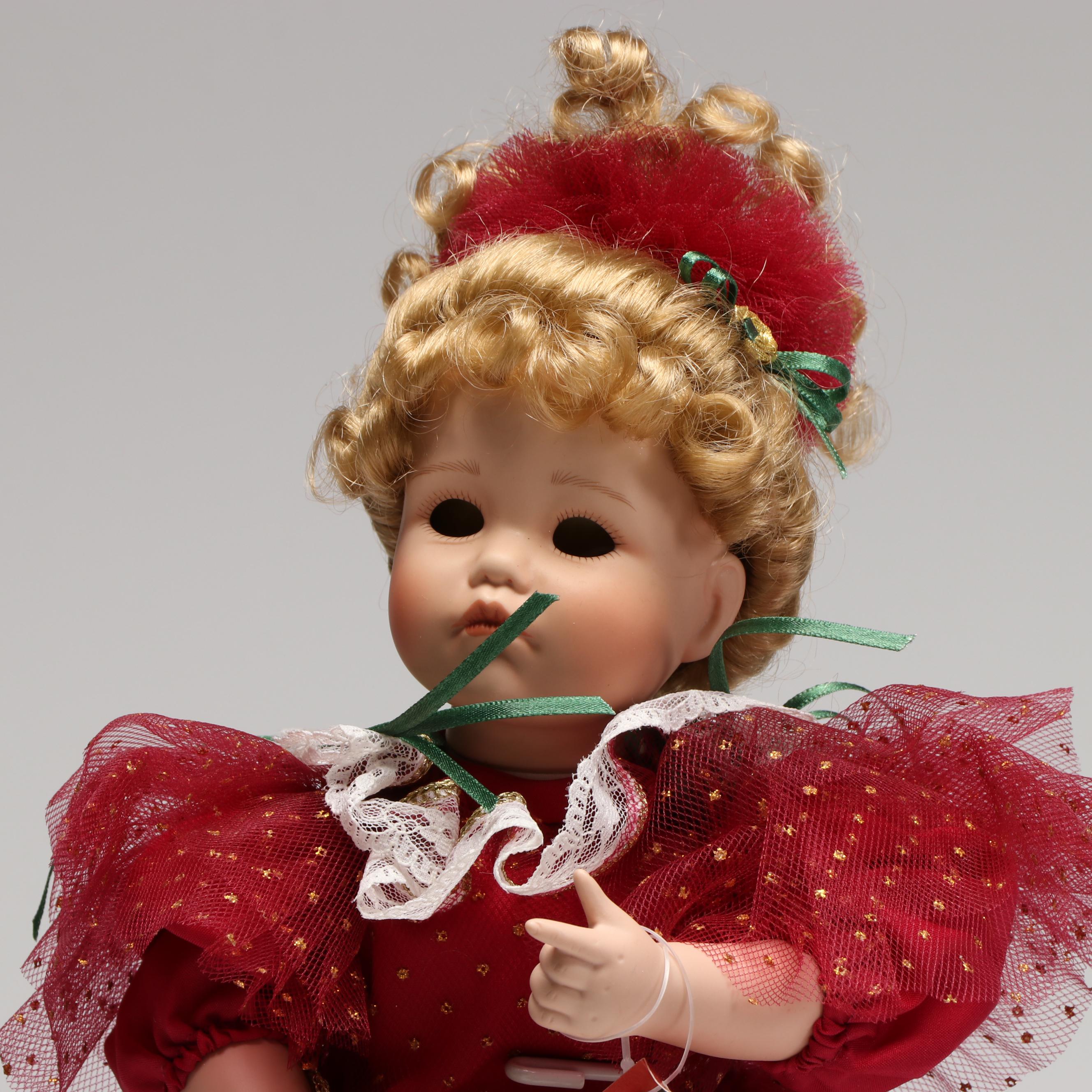 "Dance of the Sugar Plum Fairy" and "Natacha" Porcelain Dolls with Wooden Sled