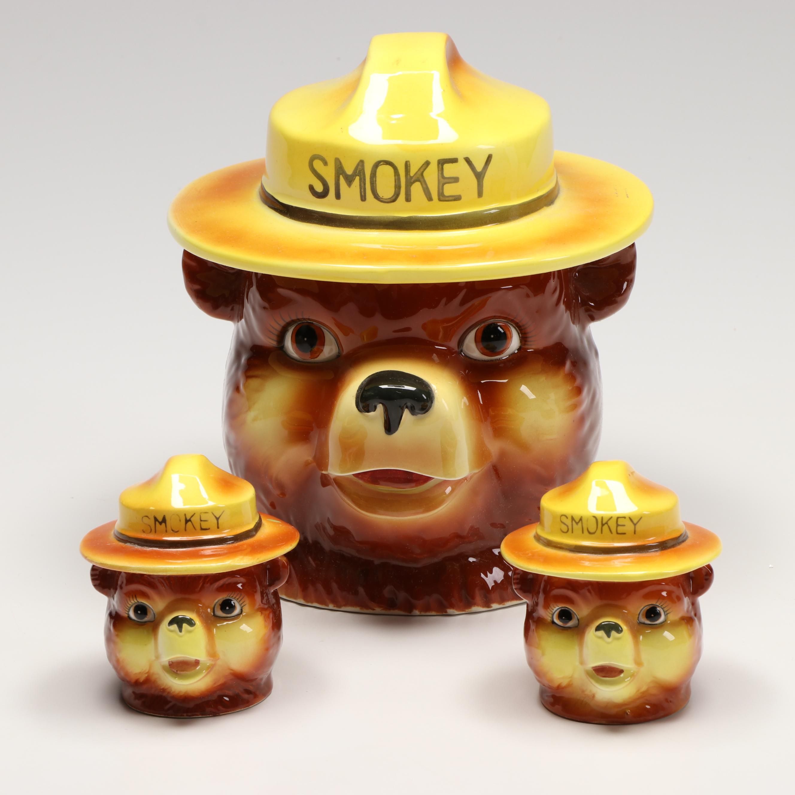 Norcrest "Smokey the Bear" Cookie Jar and Other Japanese Shaker Set