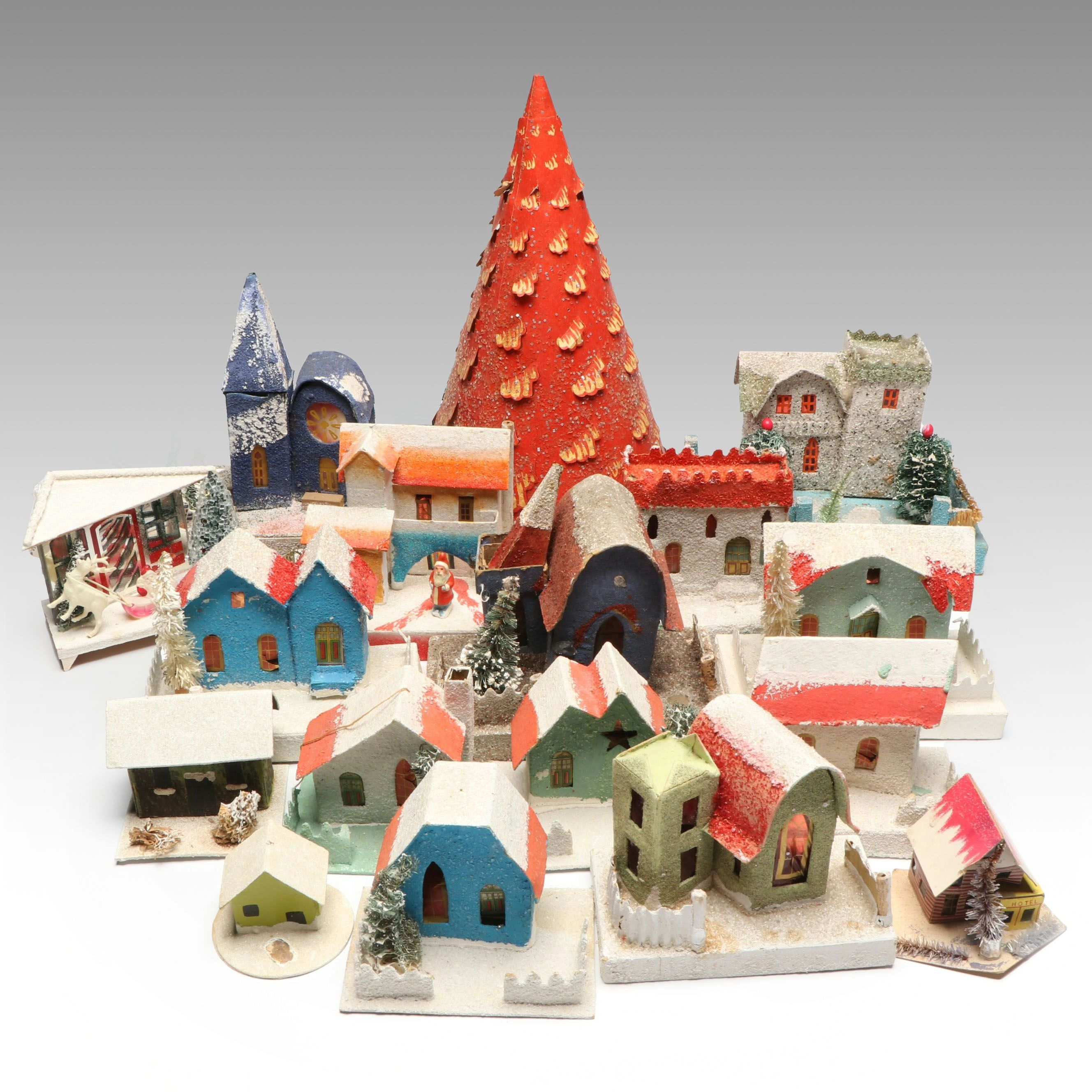 Twinkle-Lite Electric Christmas Scene with Putz Village and Paper Tree Light