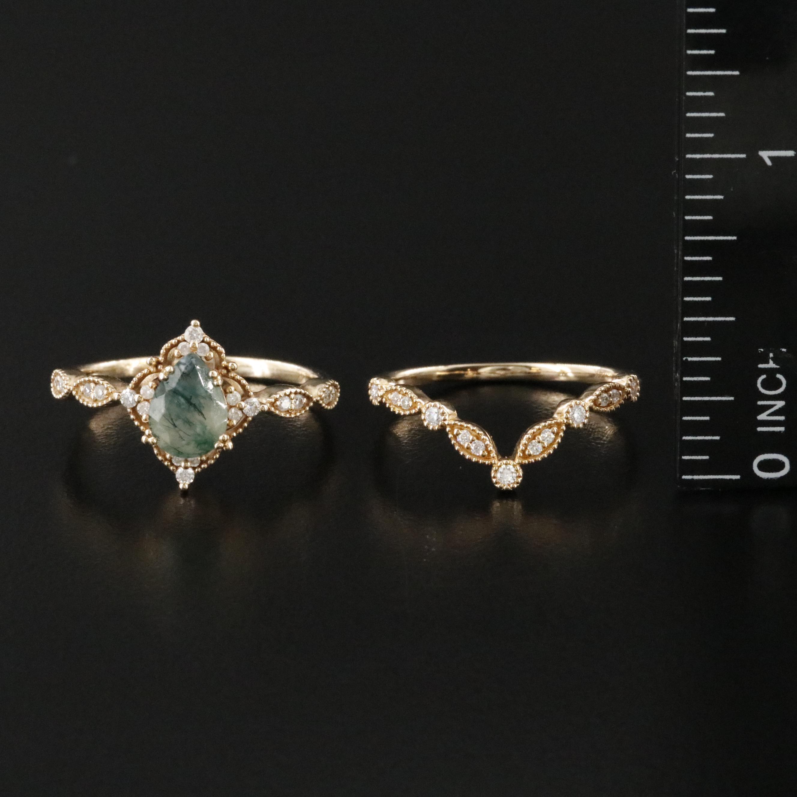 14K Moss Agate and Moissanite Ring Set