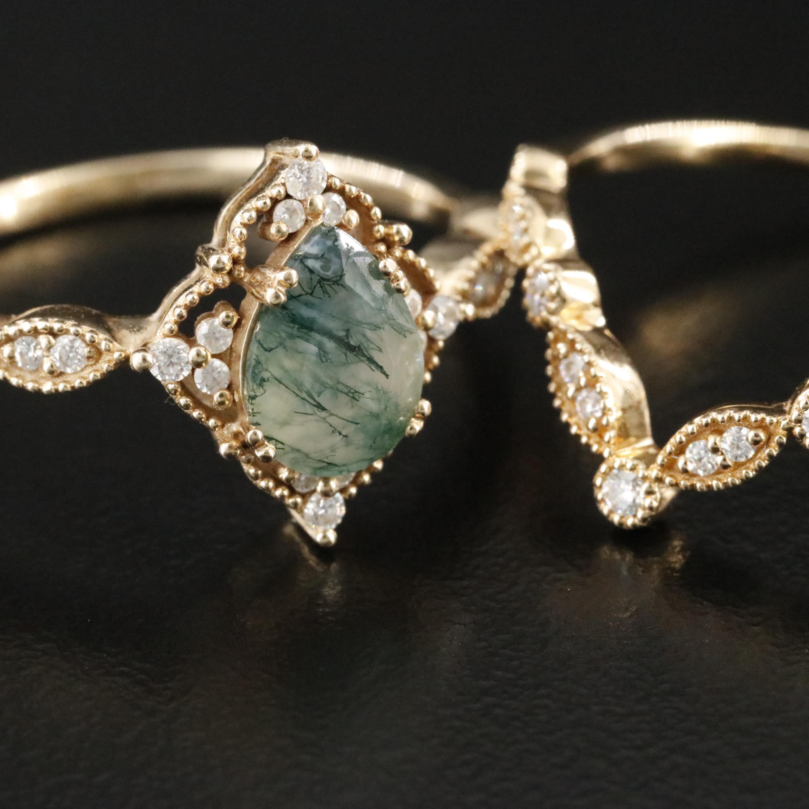 14K Moss Agate and Moissanite Ring Set