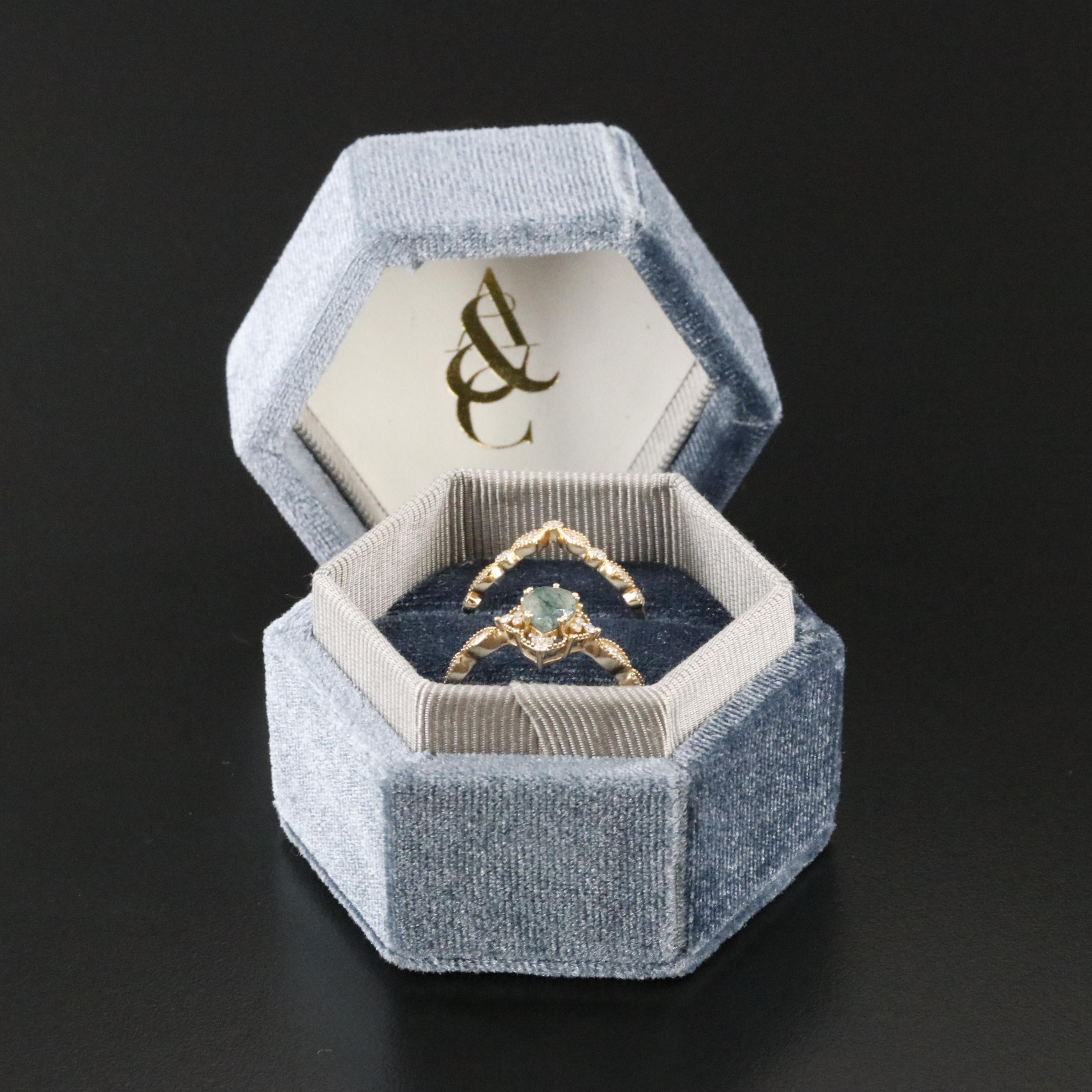 14K Moss Agate and Moissanite Ring Set