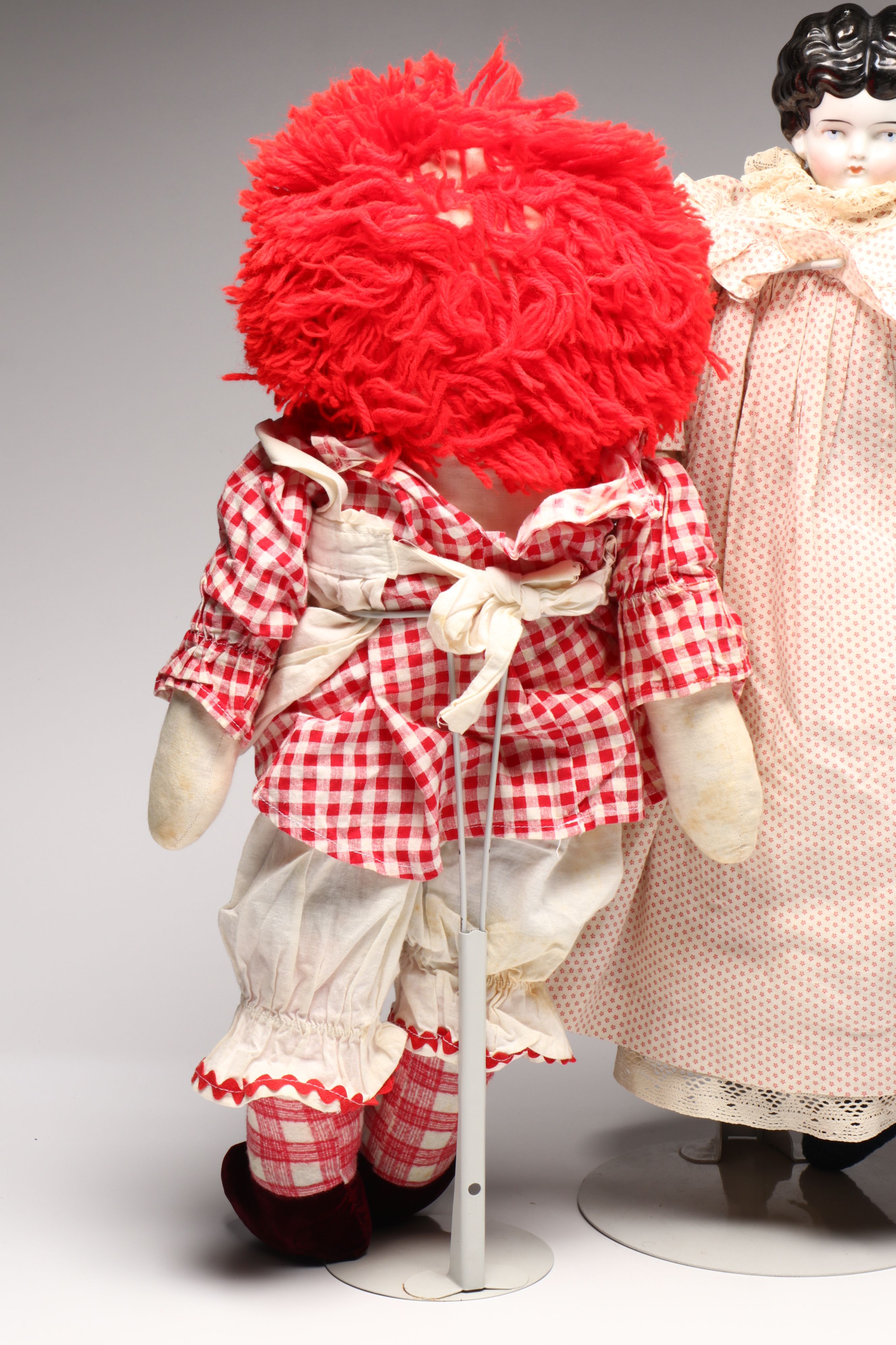 Victorian Style China Head Doll with Raggedy Ann Style and Other Rag Doll