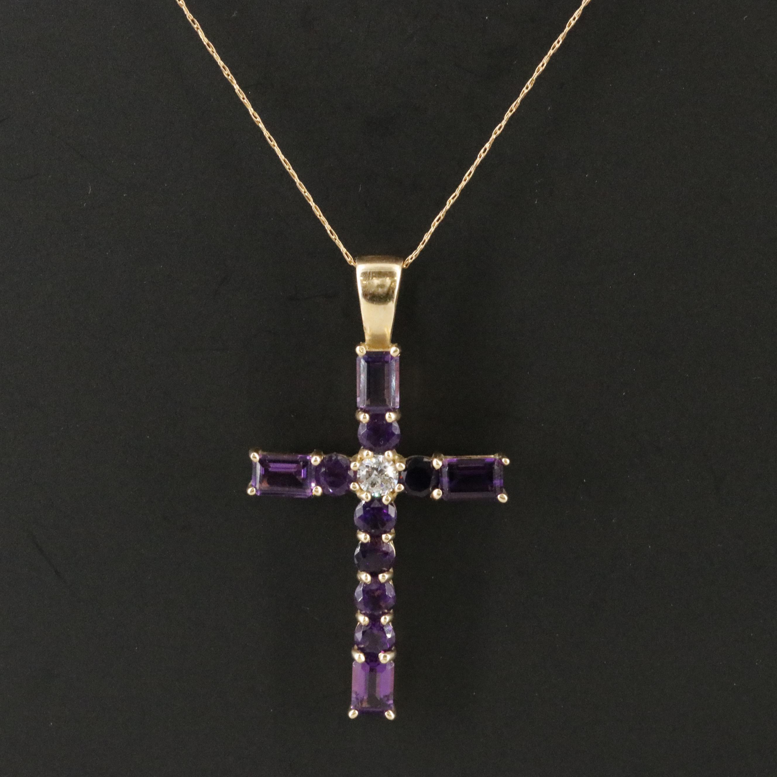 14K Amethyst and CZ Cross Pendant Necklace