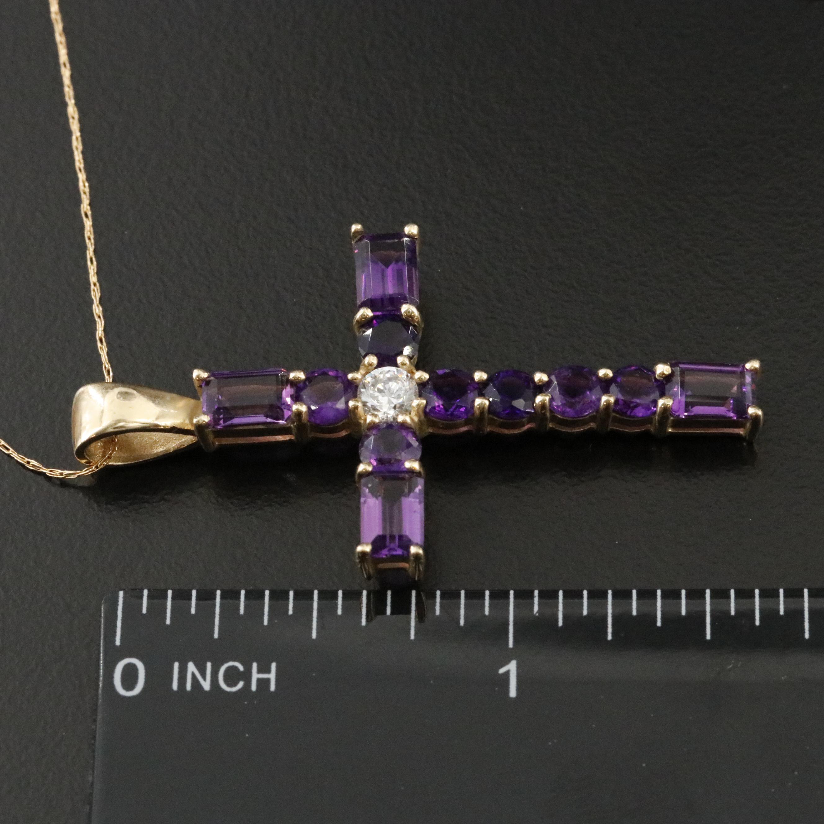 14K Amethyst and CZ Cross Pendant Necklace