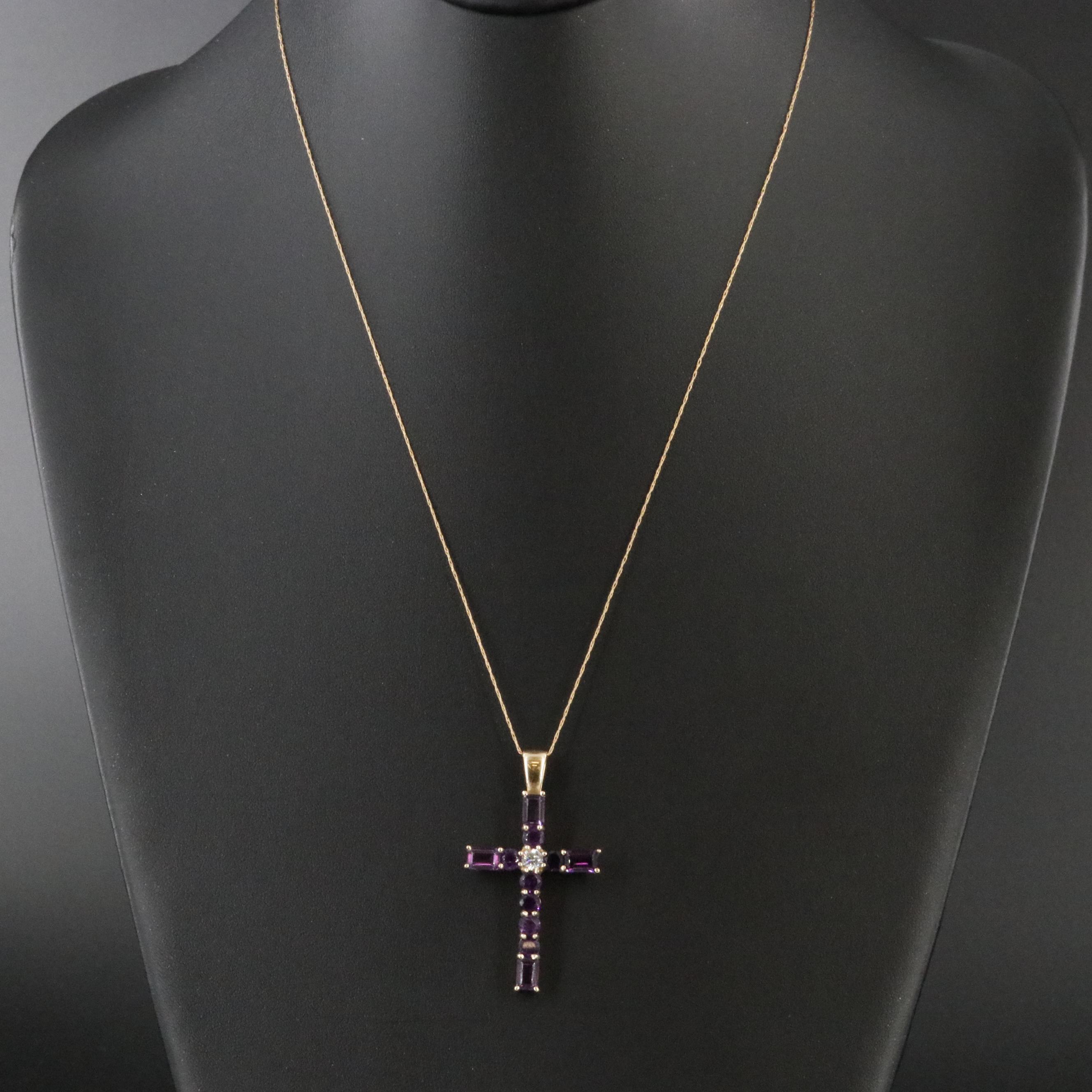 14K Amethyst and CZ Cross Pendant Necklace
