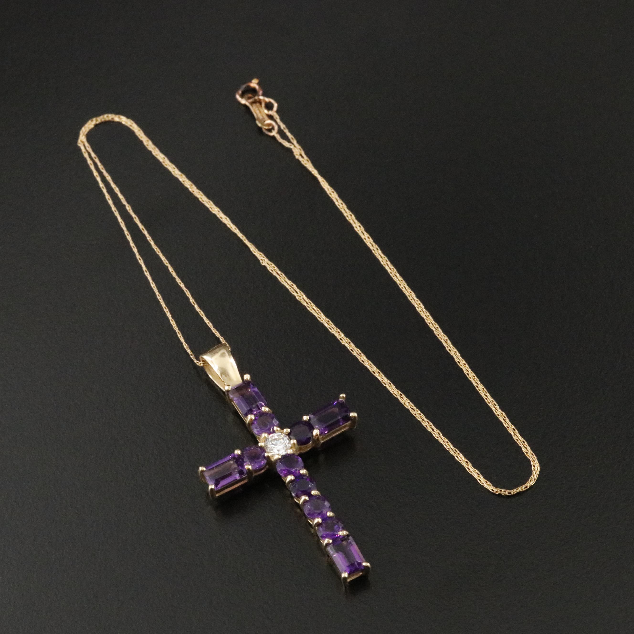 14K Amethyst and CZ Cross Pendant Necklace