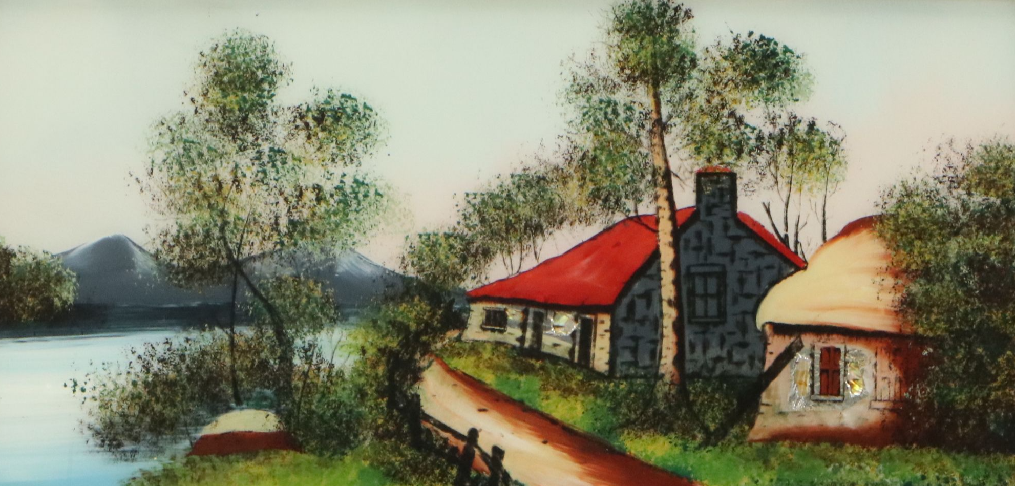 Reverse Glass Painting with Carved Shell Inlay of Cottage Along the River