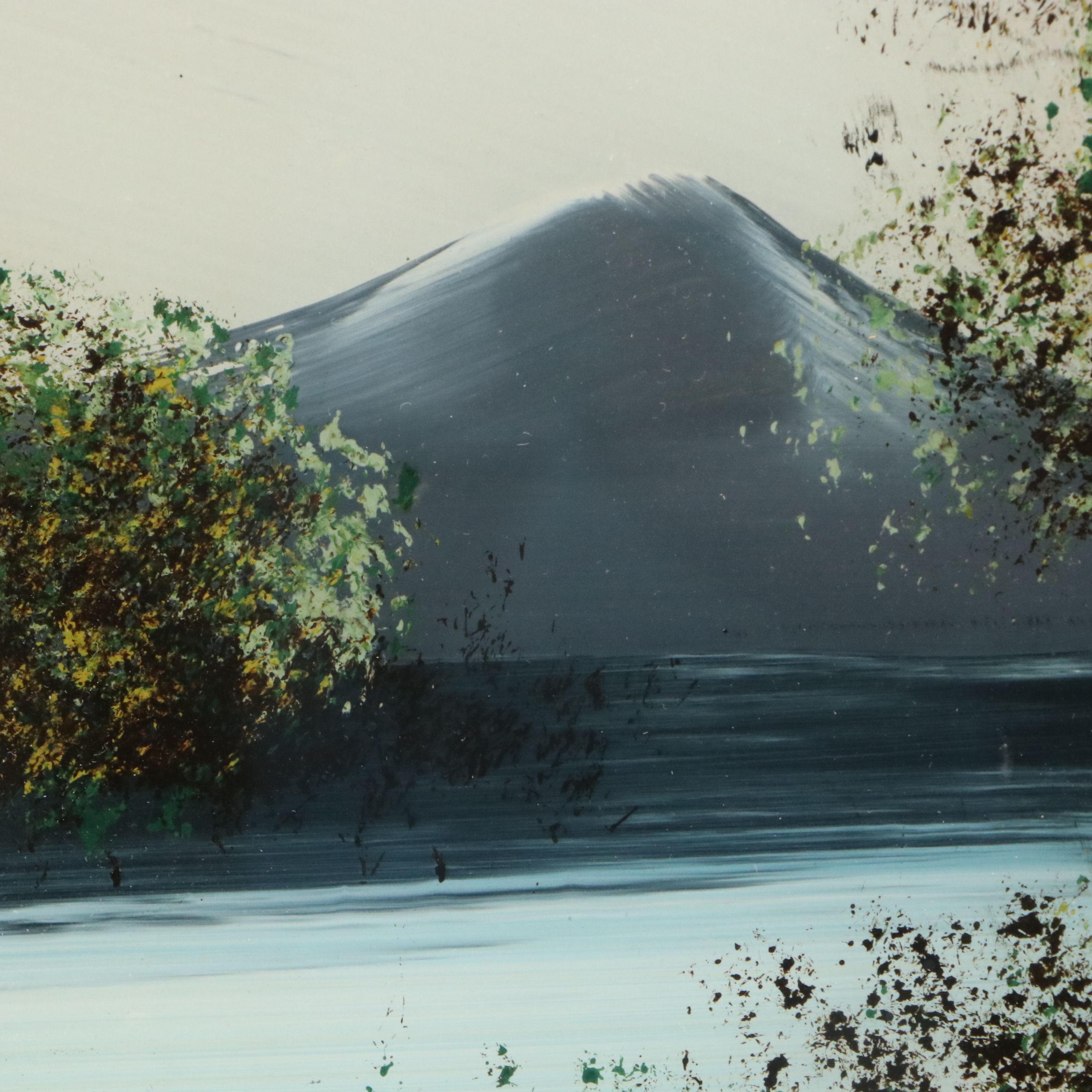 Reverse Glass Painting with Carved Shell Inlay of Cottage Along the River