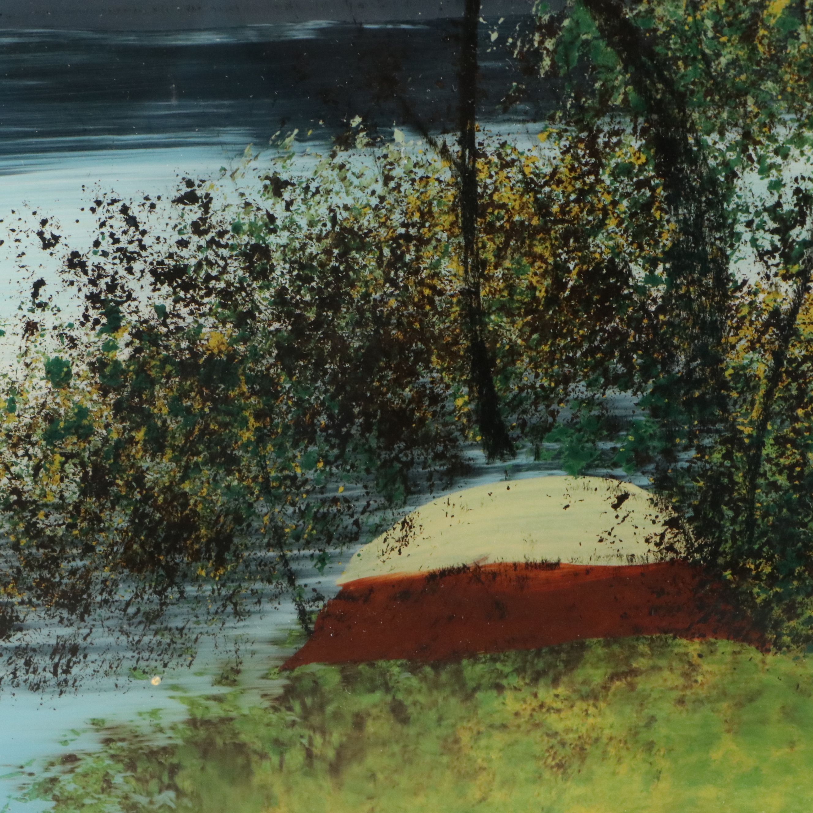 Reverse Glass Painting with Carved Shell Inlay of Cottage Along the River