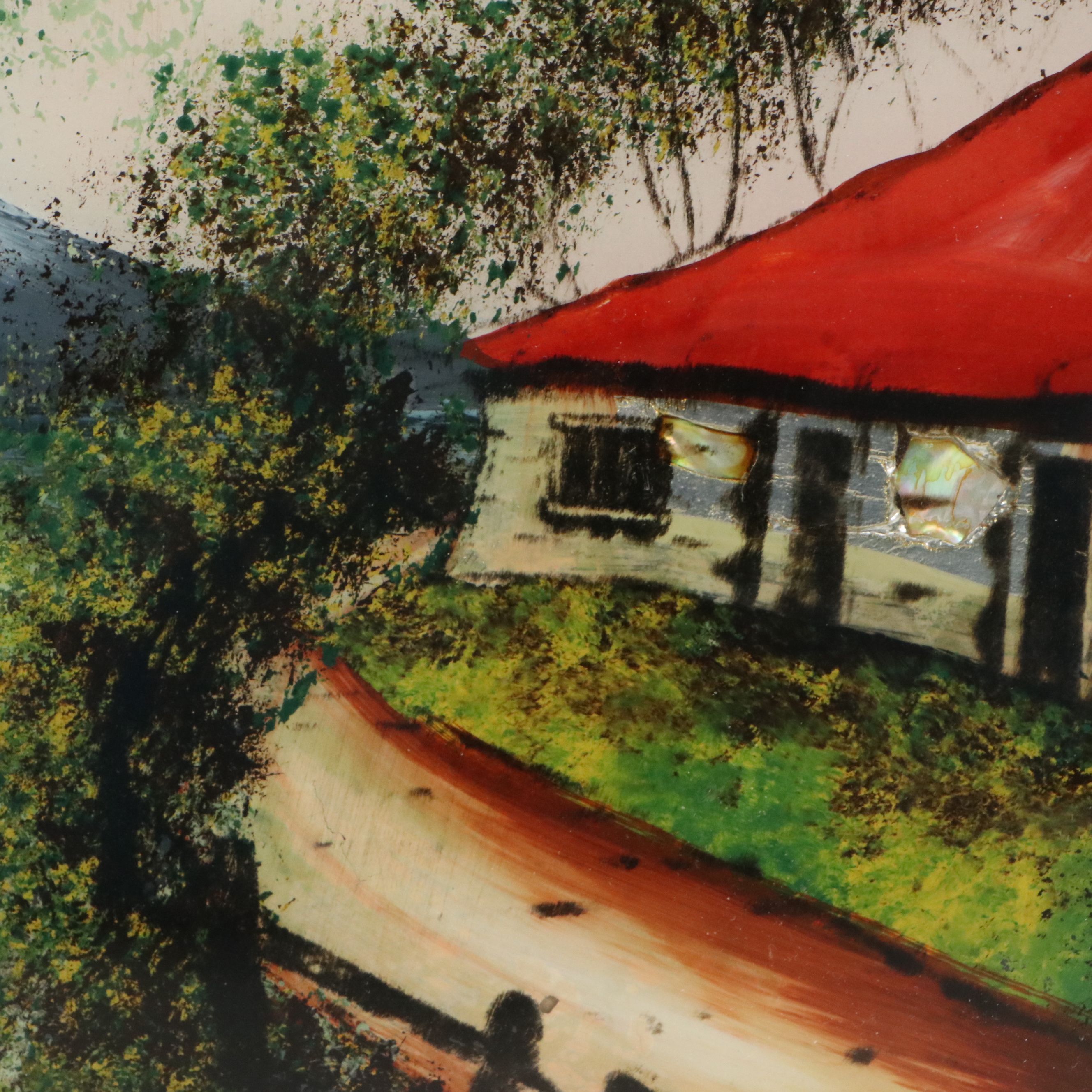 Reverse Glass Painting with Carved Shell Inlay of Cottage Along the River