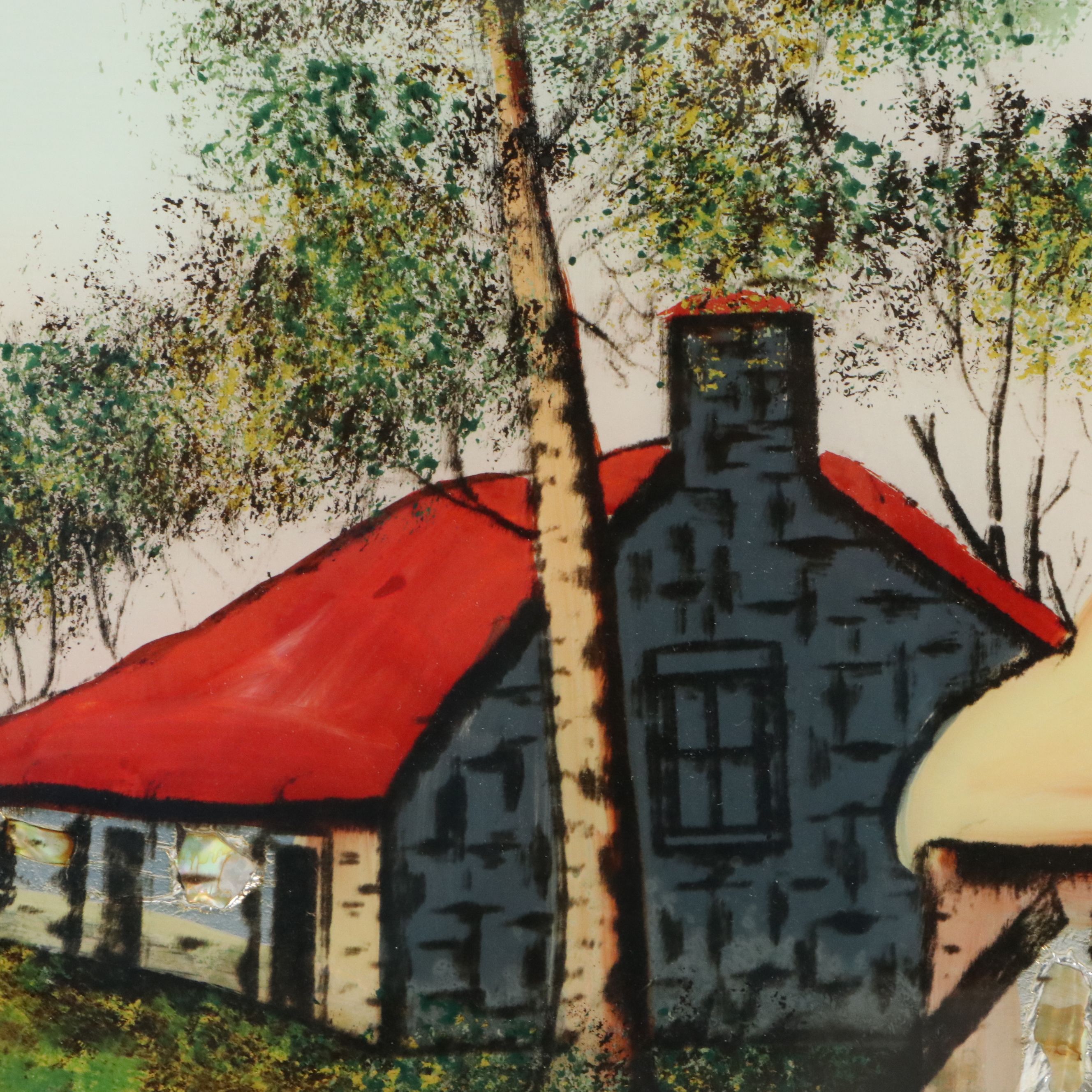 Reverse Glass Painting with Carved Shell Inlay of Cottage Along the River
