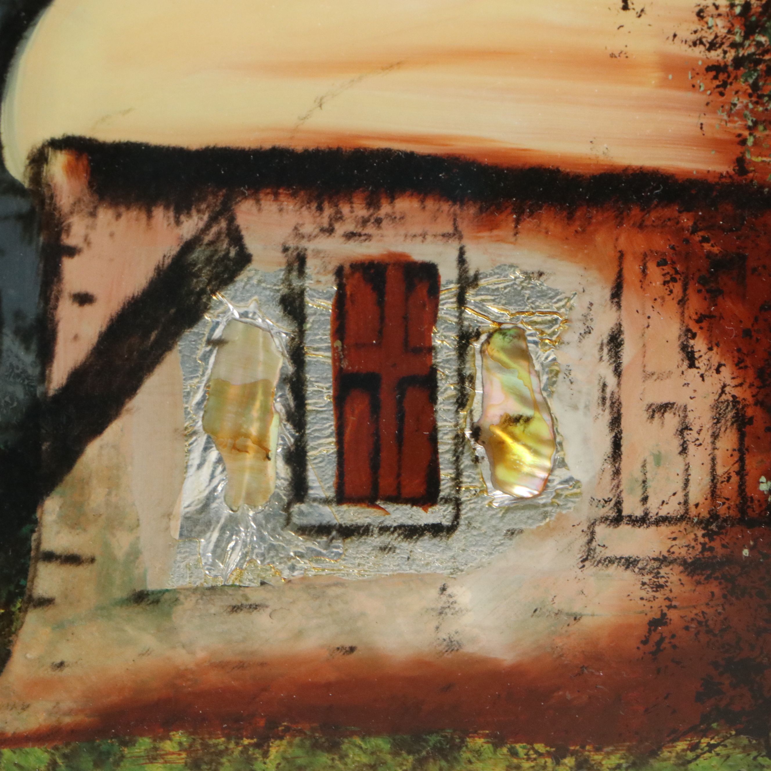 Reverse Glass Painting with Carved Shell Inlay of Cottage Along the River