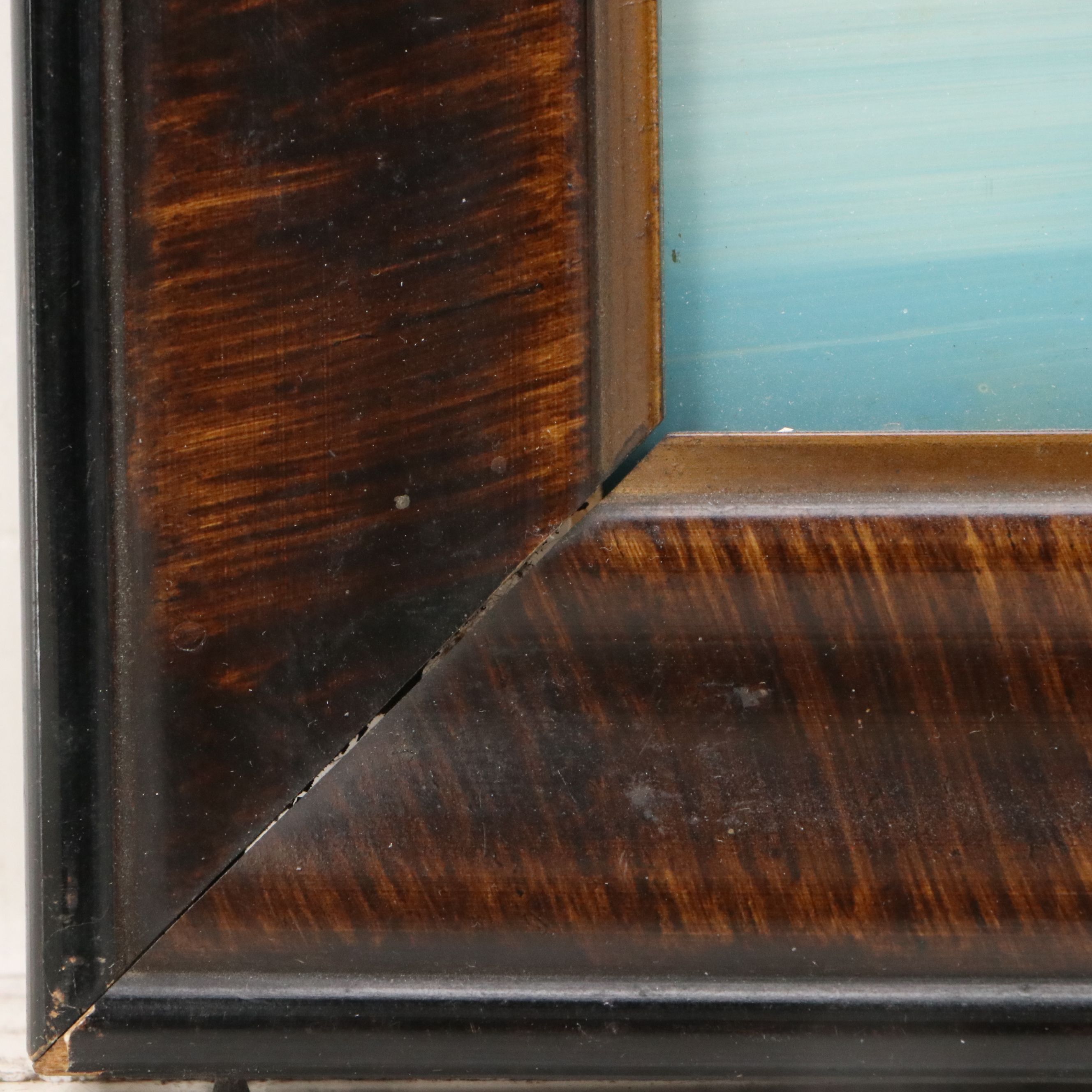 Reverse Glass Painting with Carved Shell Inlay of Cottage Along the River