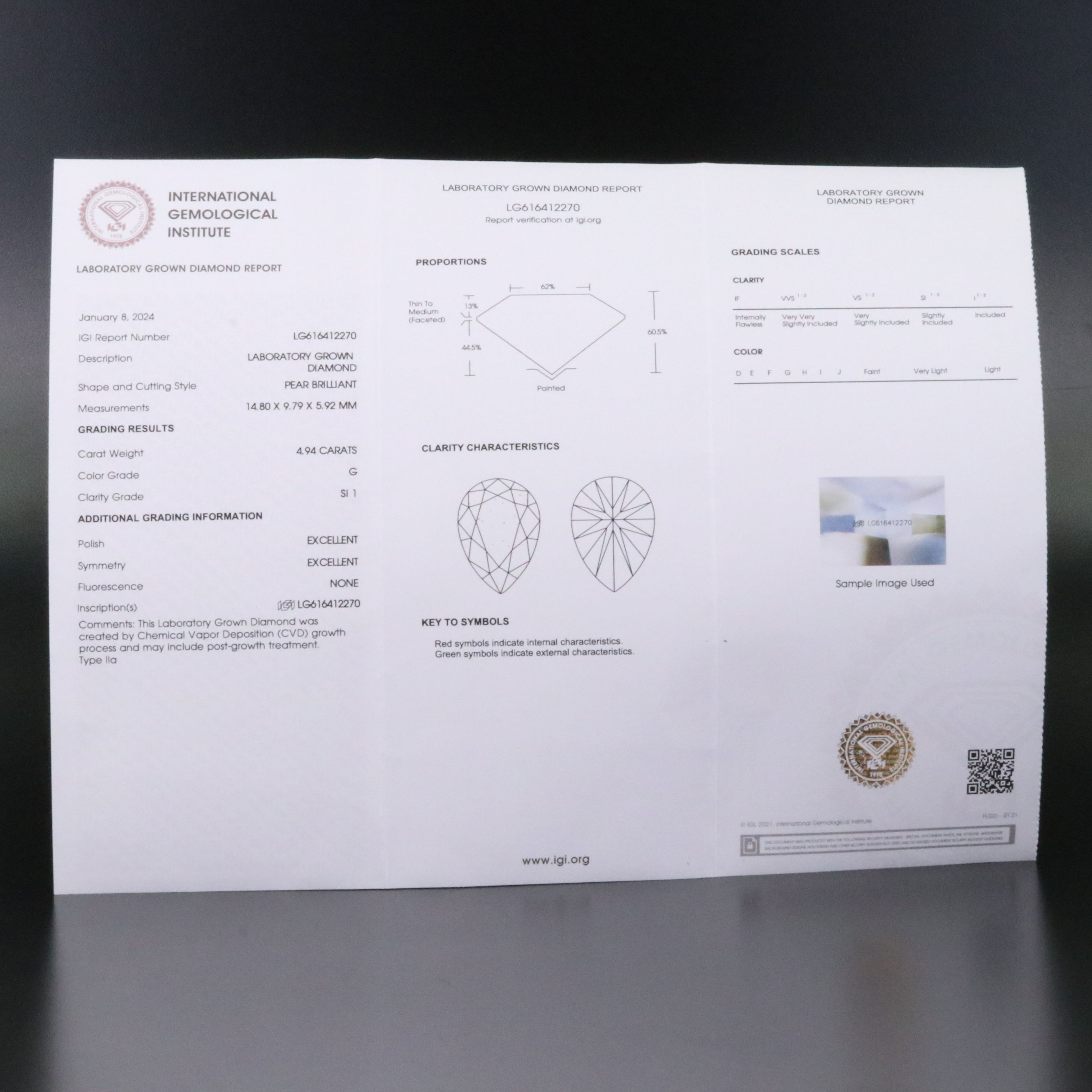 Loose 4.94 CT Lab Grown Diamond with IGI Report