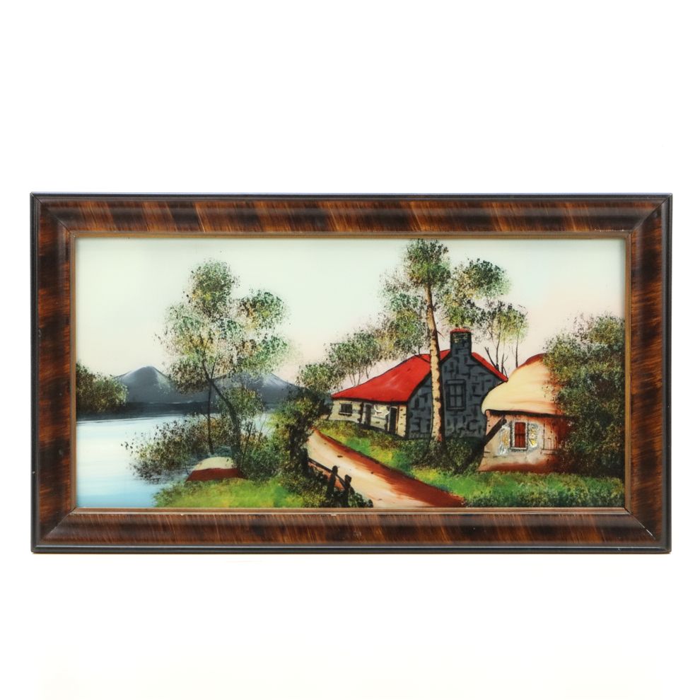 Reverse Glass Painting with Carved Shell Inlay of Cottage Along the River