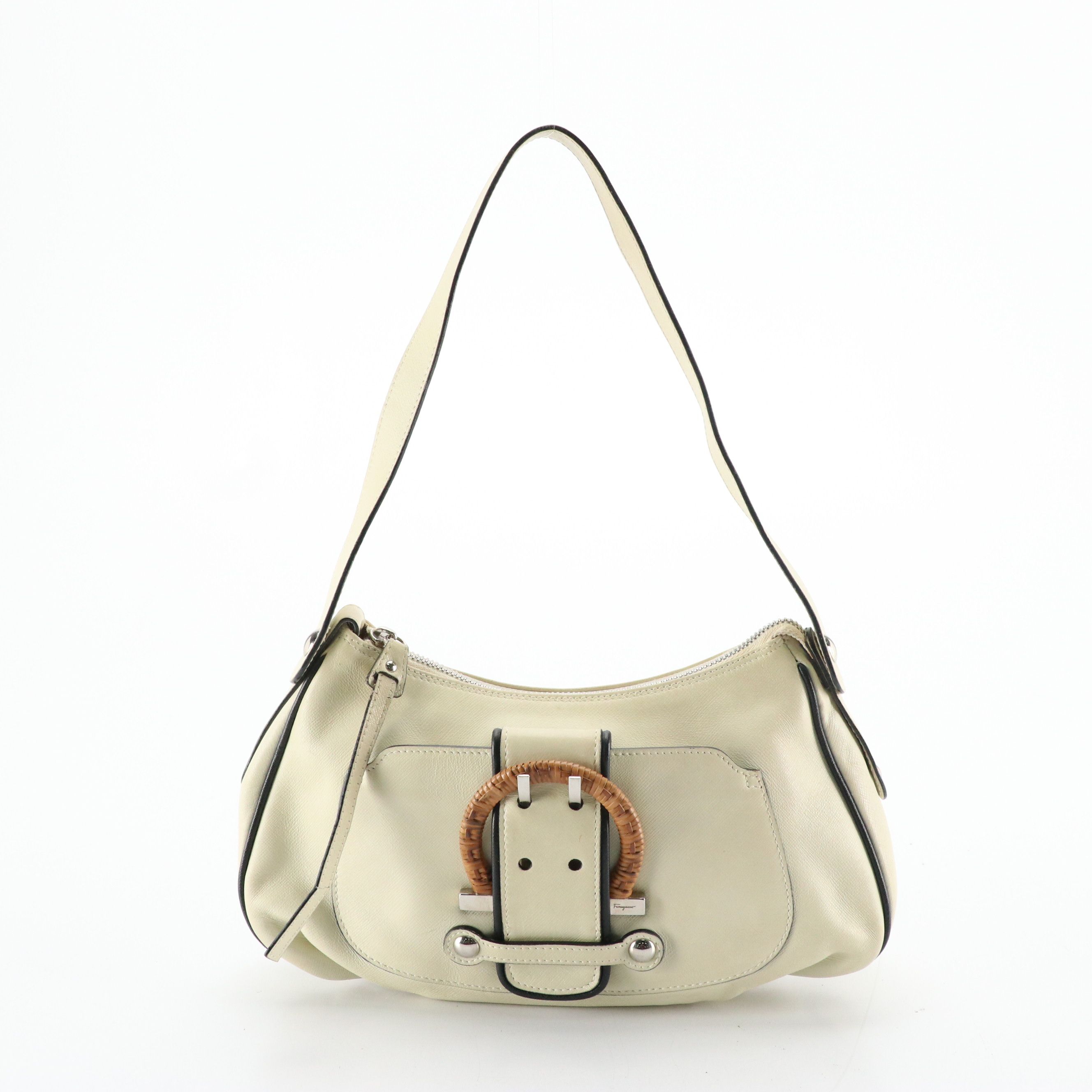 Salvatore Ferragamo Mini Woven Gancini Buckle Shoulder Bag in Cream Leather