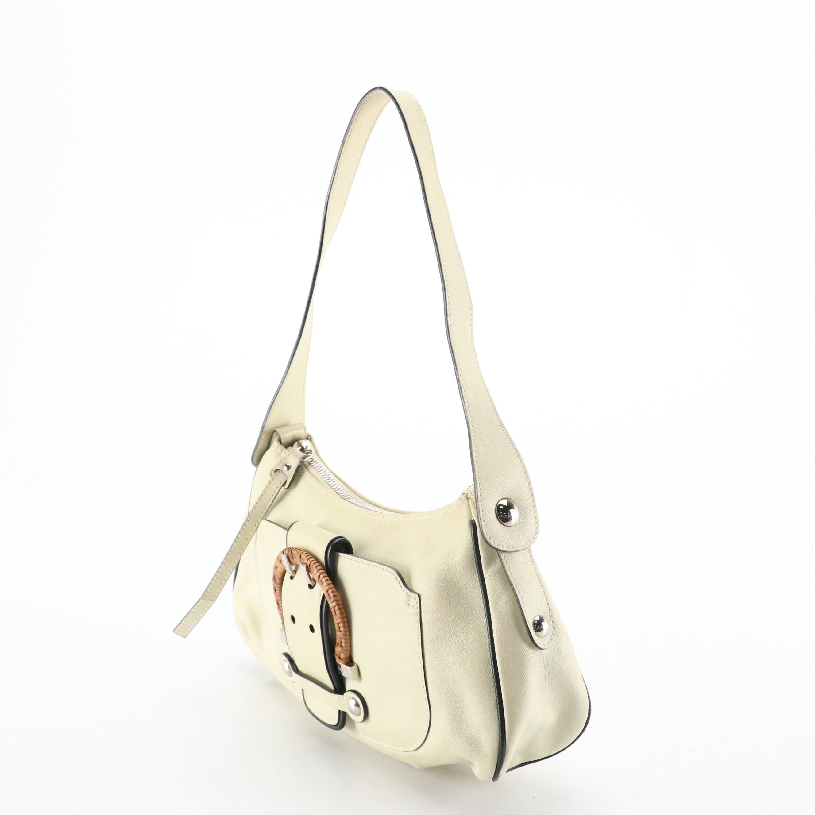 Salvatore Ferragamo Mini Woven Gancini Buckle Shoulder Bag in Cream Leather