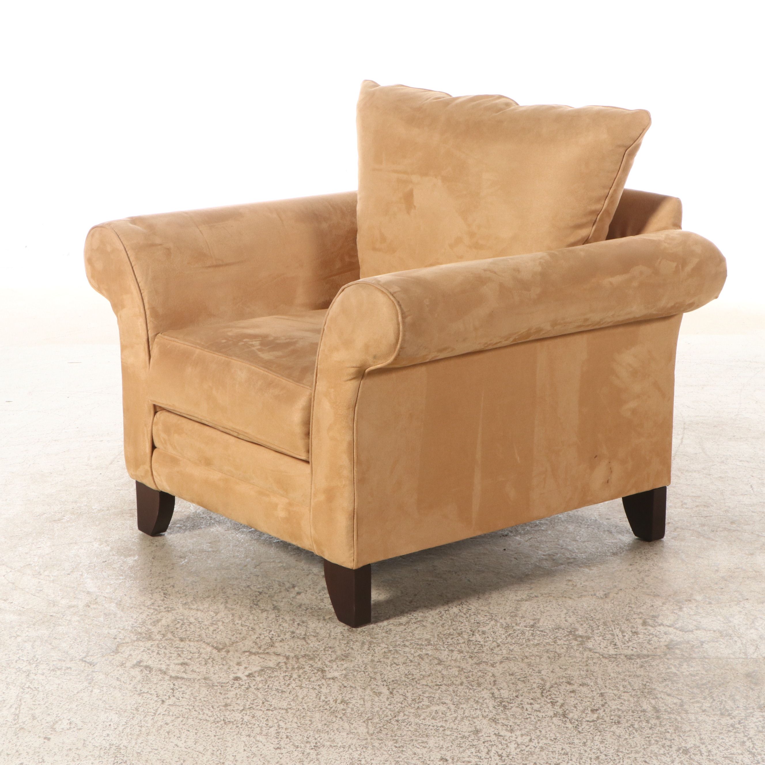 Pair of Bassett Furniture Faux Suede Upholstered Armchairs and Ottomans