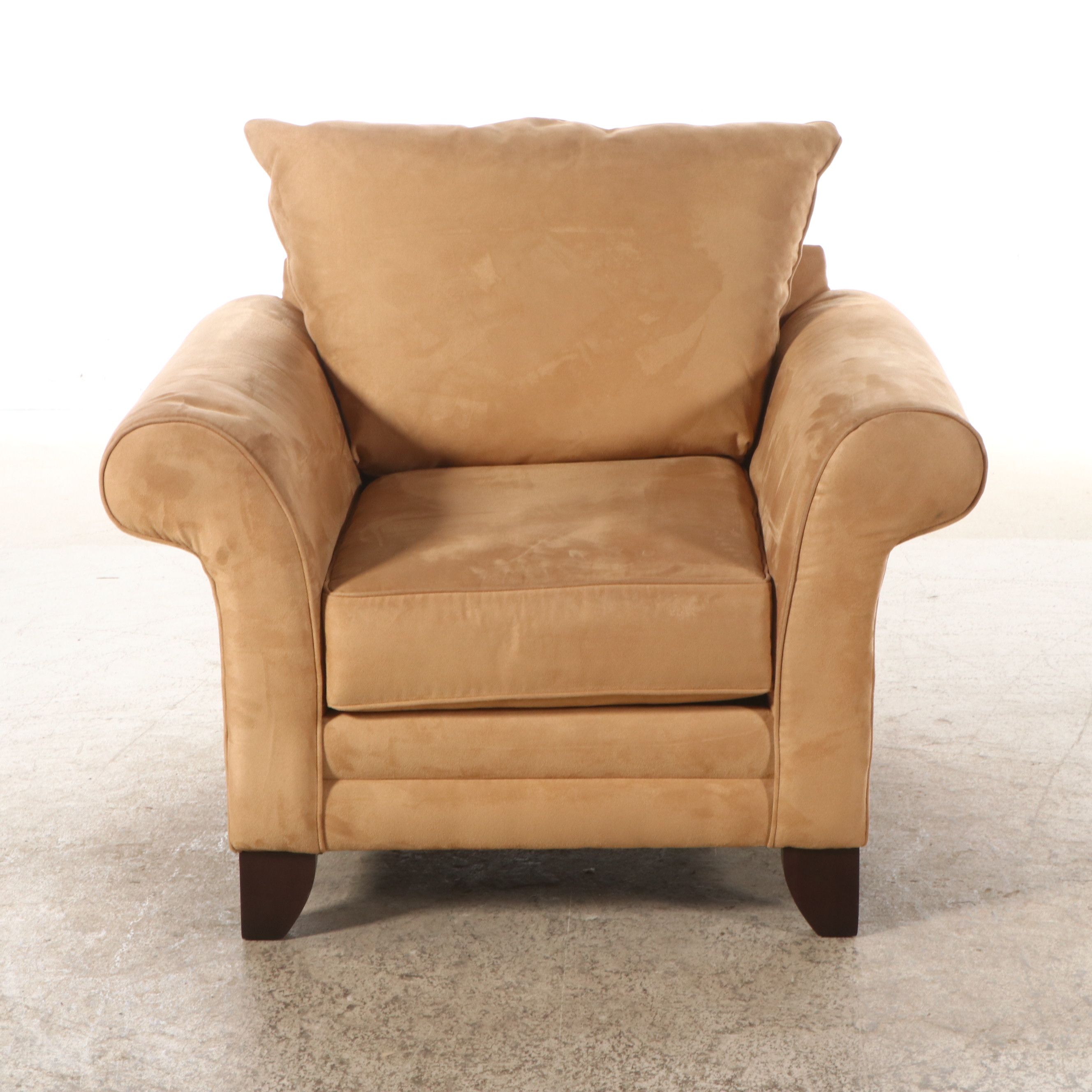 Pair of Bassett Furniture Faux Suede Upholstered Armchairs and Ottomans