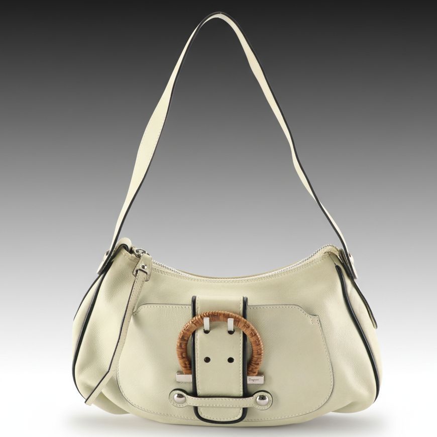 Salvatore Ferragamo Mini Woven Gancini Buckle Shoulder Bag in Cream Leather