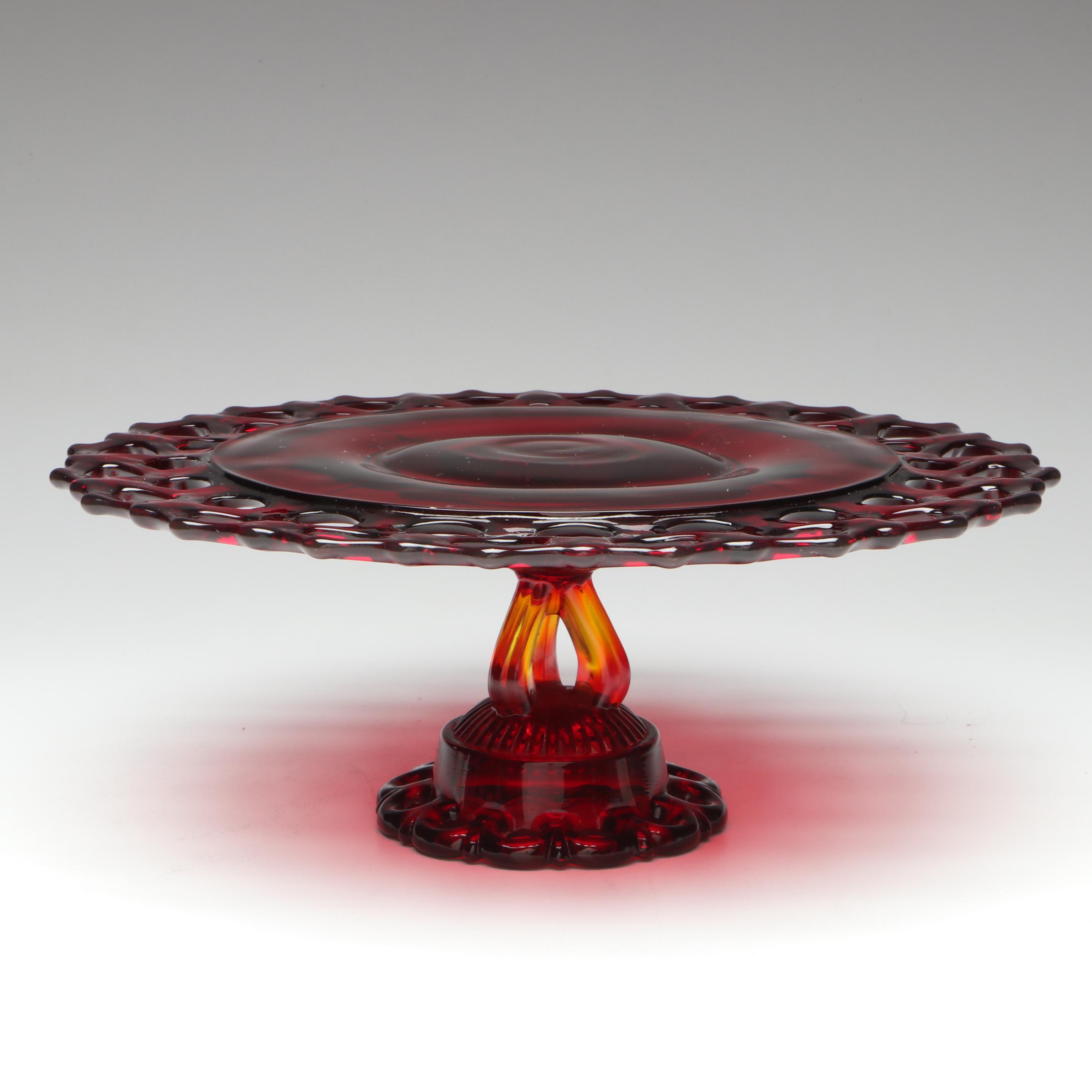 Westmoreland "Doric" Lace Edge Ruby Glass Cake Stand, Mid-20th Century