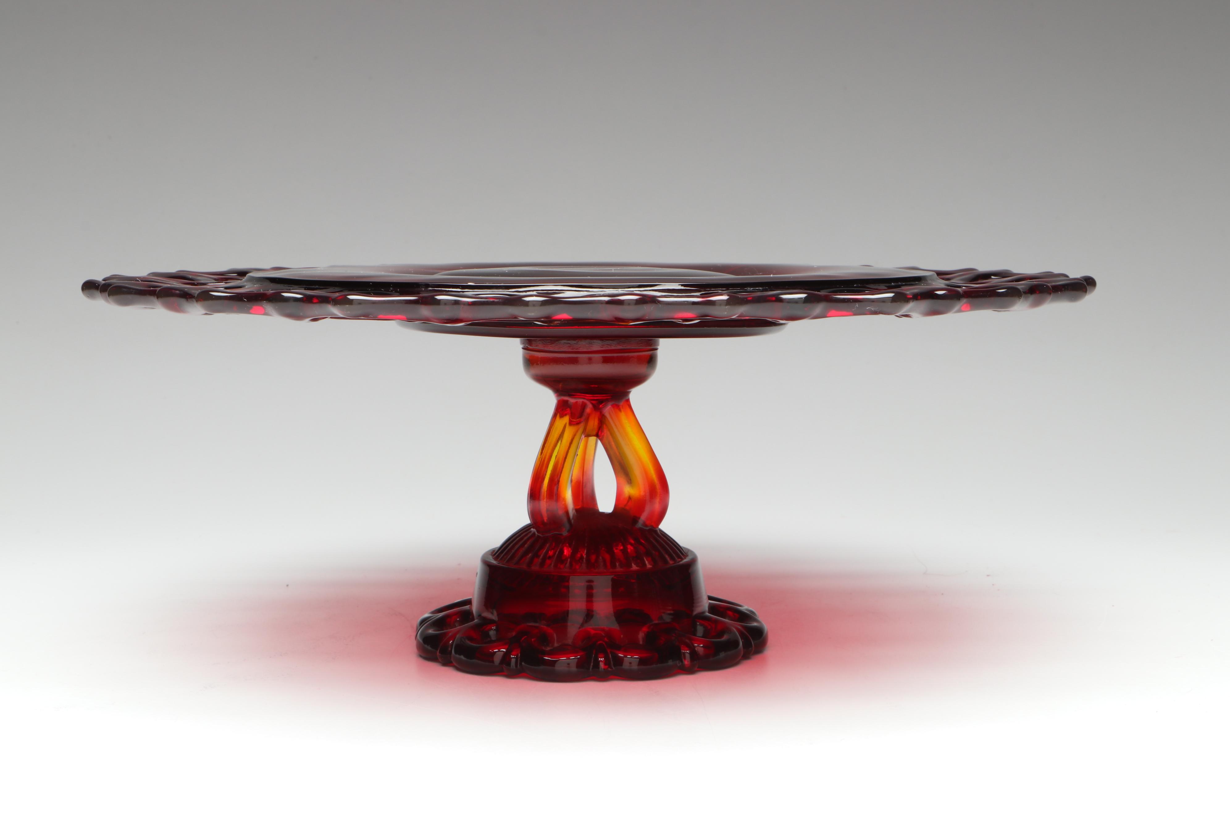 Westmoreland "Doric" Lace Edge Ruby Glass Cake Stand, Mid-20th Century