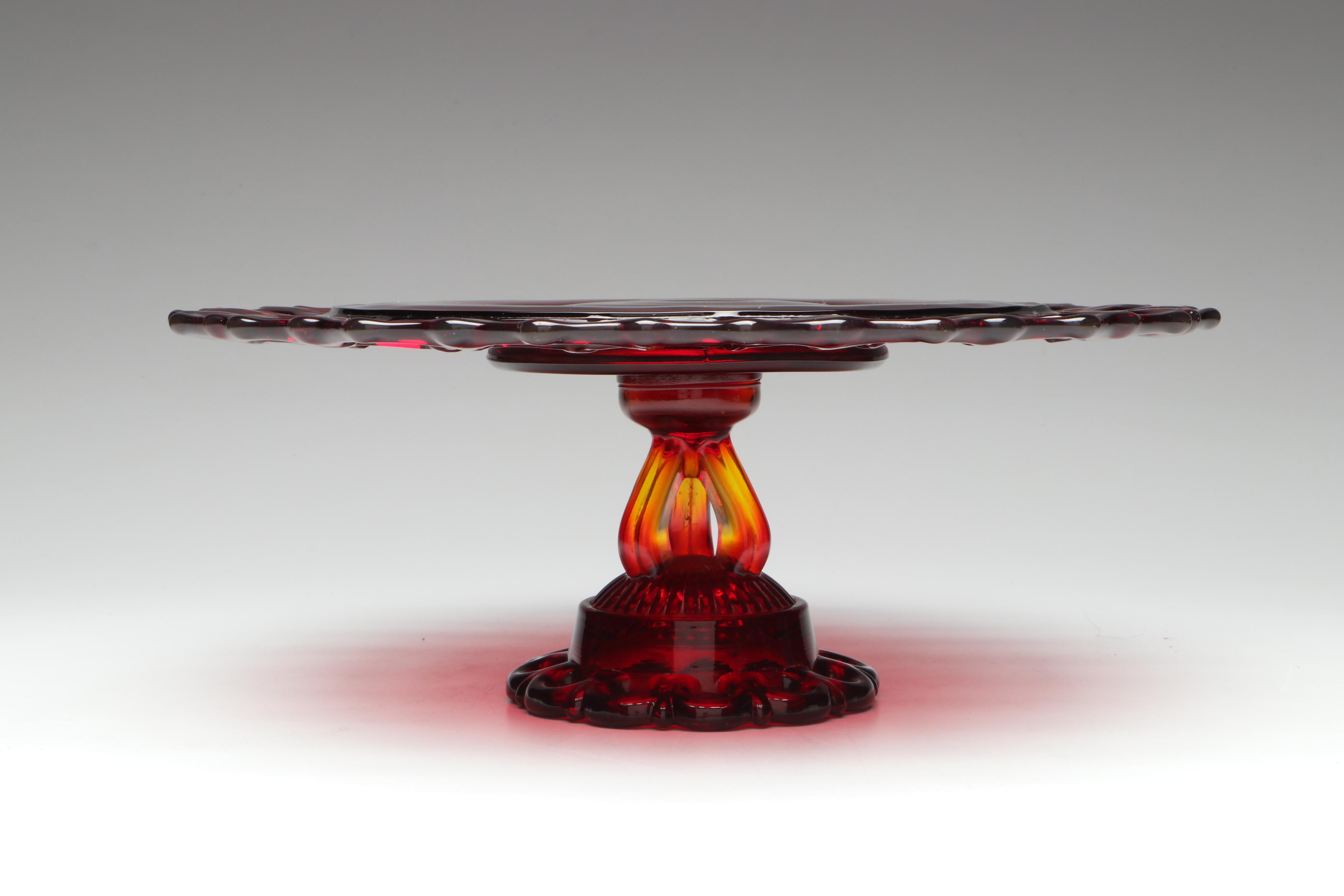 Westmoreland "Doric" Lace Edge Ruby Glass Cake Stand, Mid-20th Century