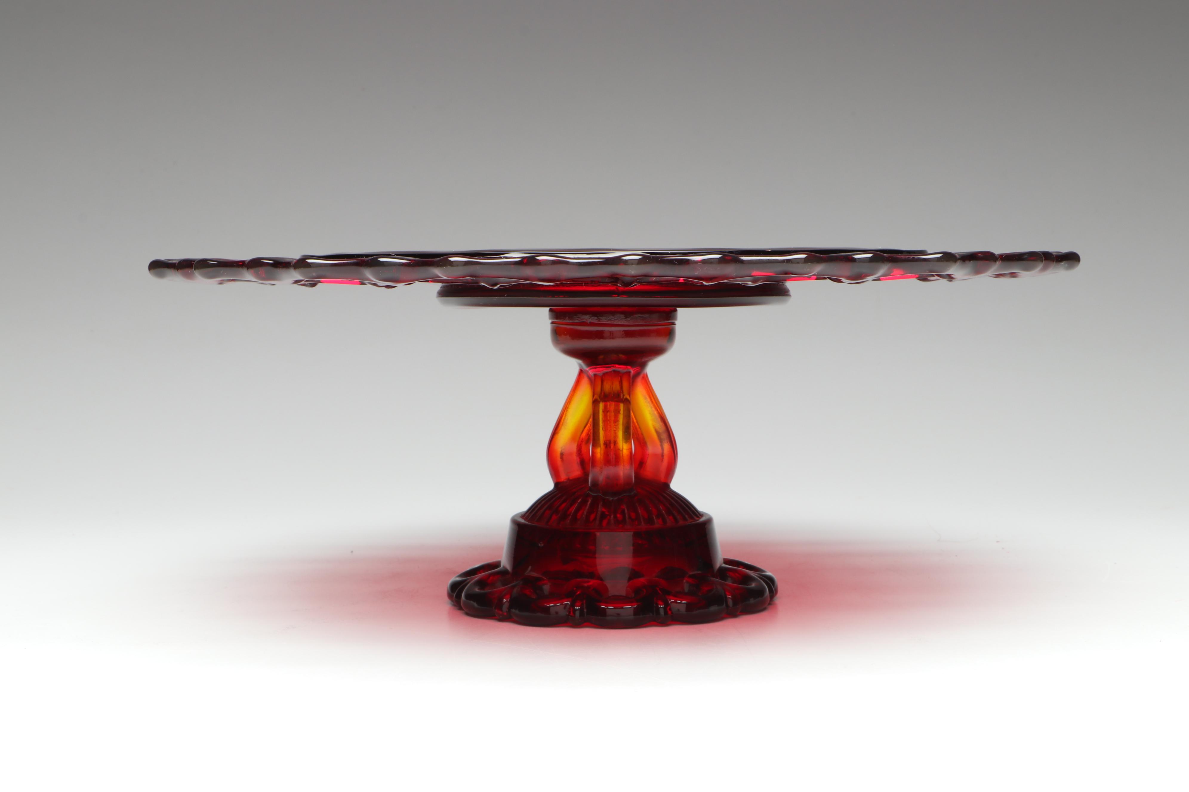 Westmoreland "Doric" Lace Edge Ruby Glass Cake Stand, Mid-20th Century