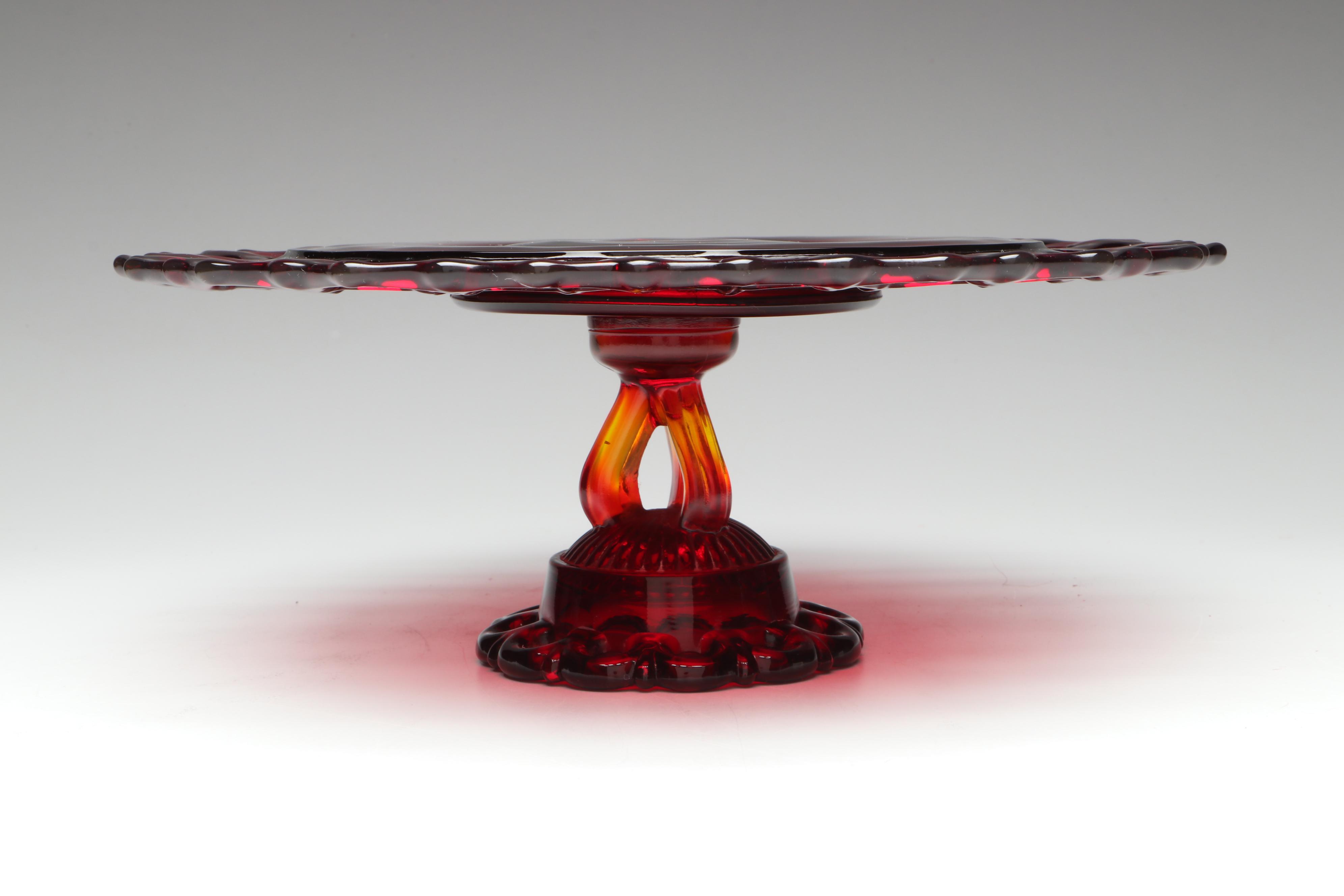 Westmoreland "Doric" Lace Edge Ruby Glass Cake Stand, Mid-20th Century