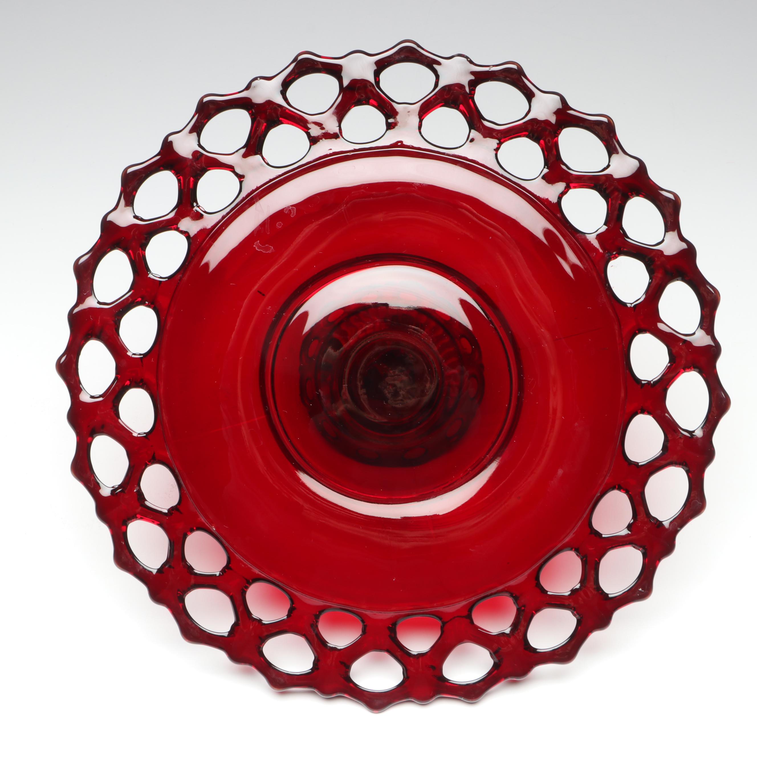 Westmoreland "Doric" Lace Edge Ruby Glass Cake Stand, Mid-20th Century