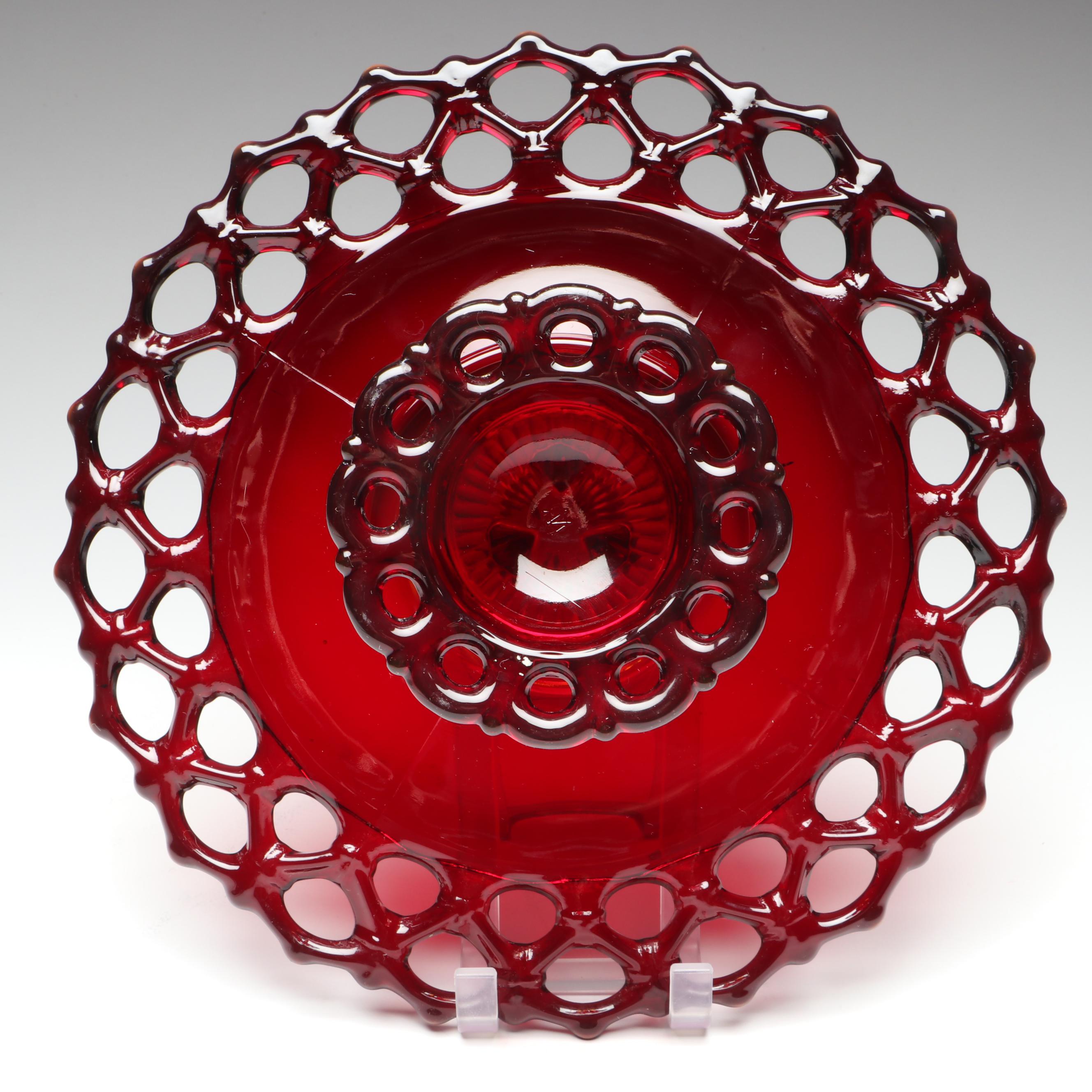 Westmoreland "Doric" Lace Edge Ruby Glass Cake Stand, Mid-20th Century
