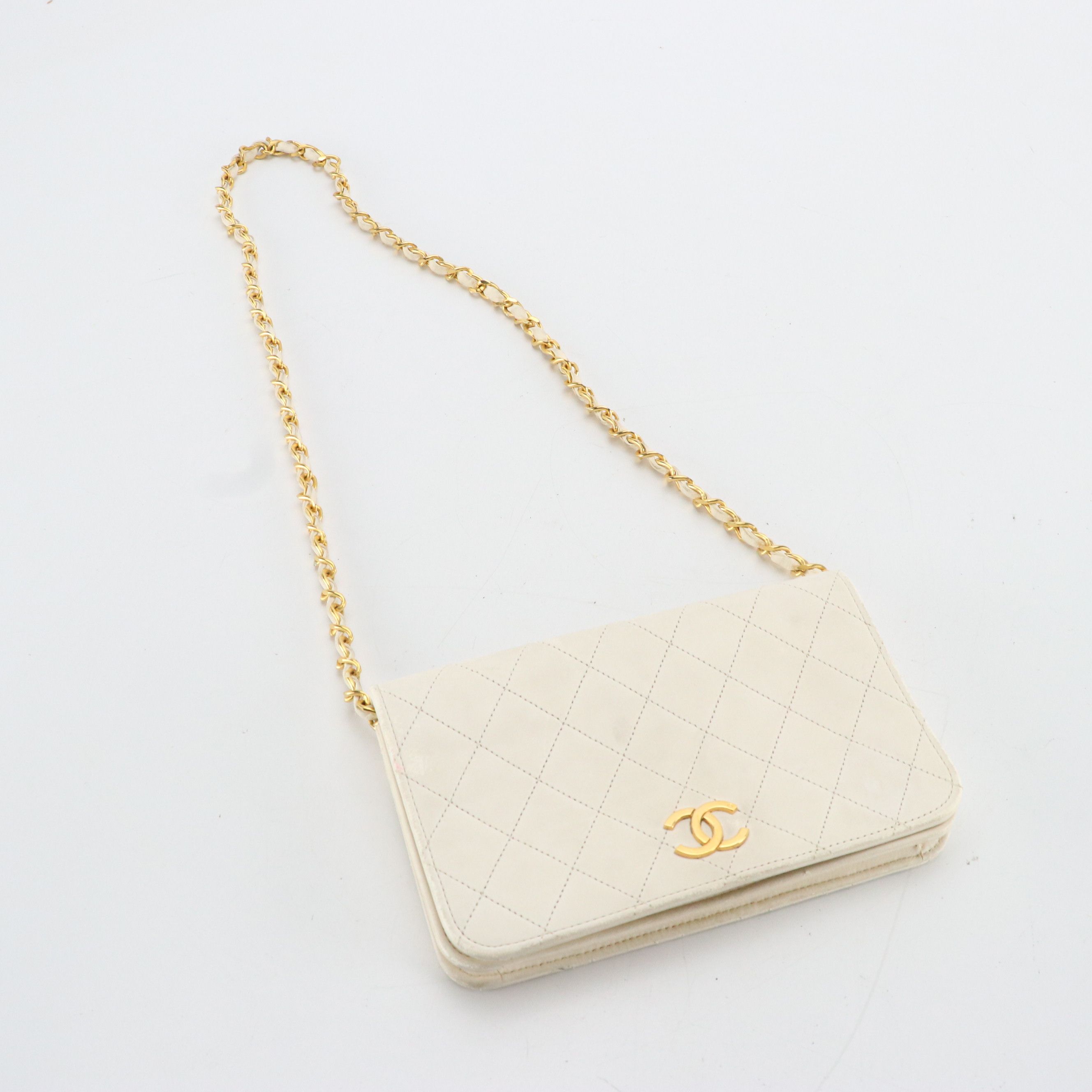 Chanel Full Flap White Lambskin Leather Diamond Stitched Shoulder Bag, 1980's