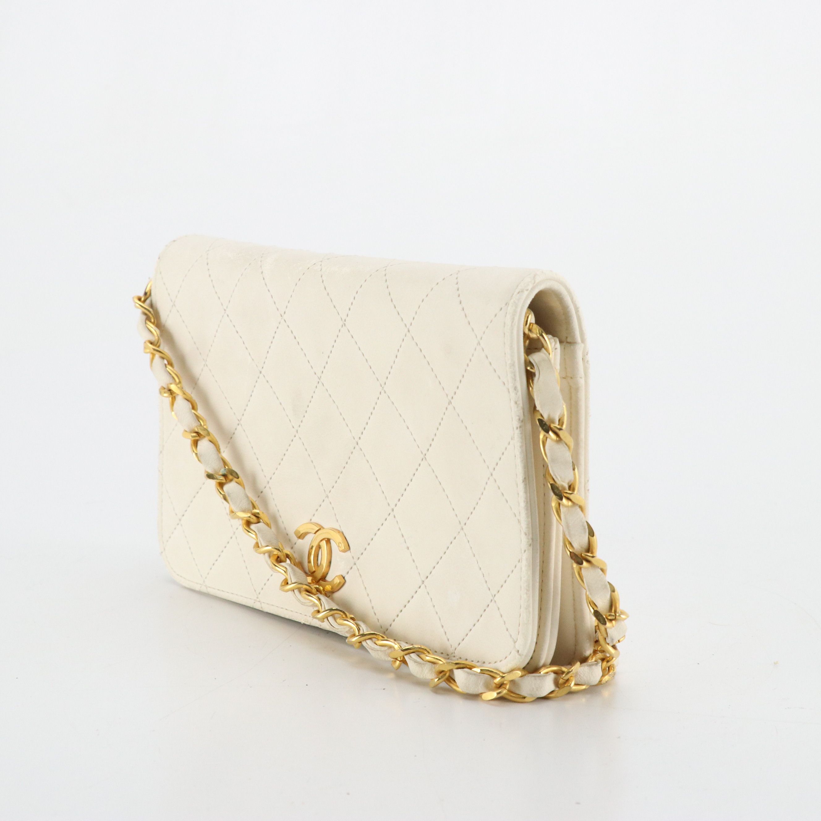 Chanel Full Flap White Lambskin Leather Diamond Stitched Shoulder Bag, 1980's