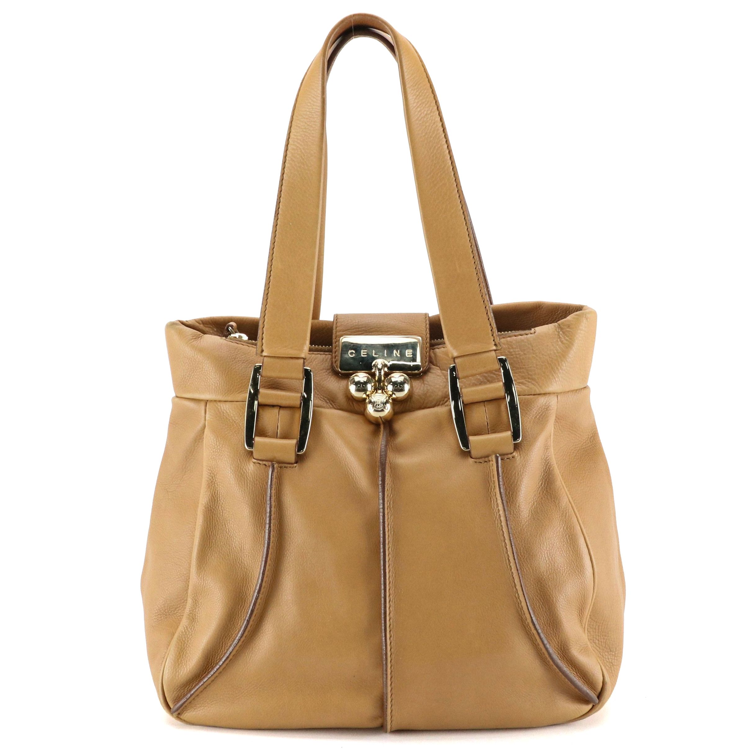 Celine Flap-Lock Handbag in Tan Calfskin Leather