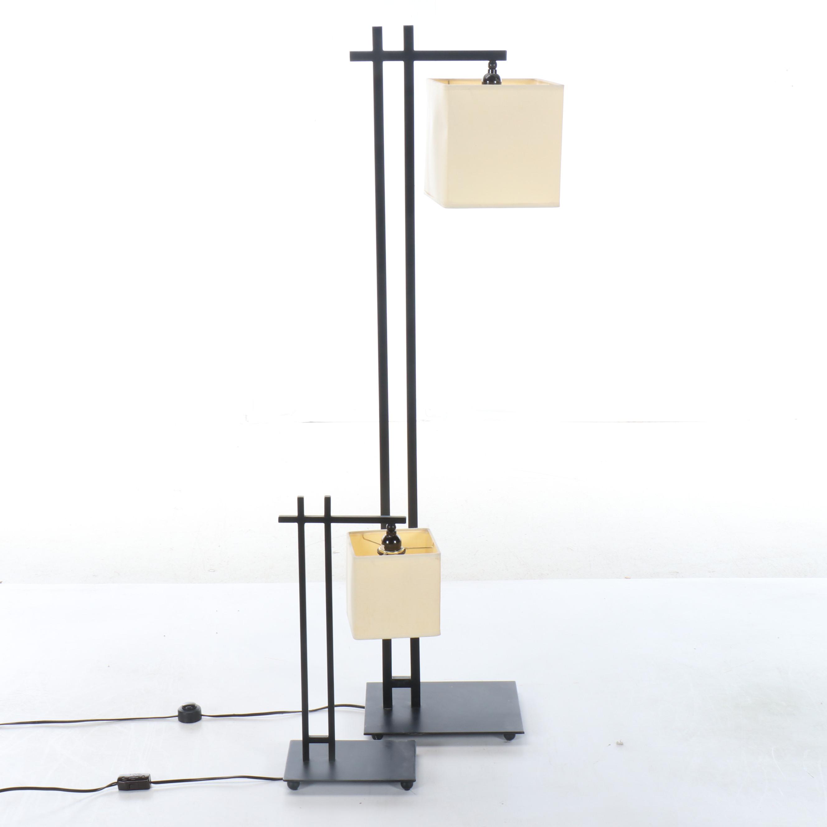 Postmodern Style Bridge Arm Metal Floor and Table Lamp and Drum Shades, 2001