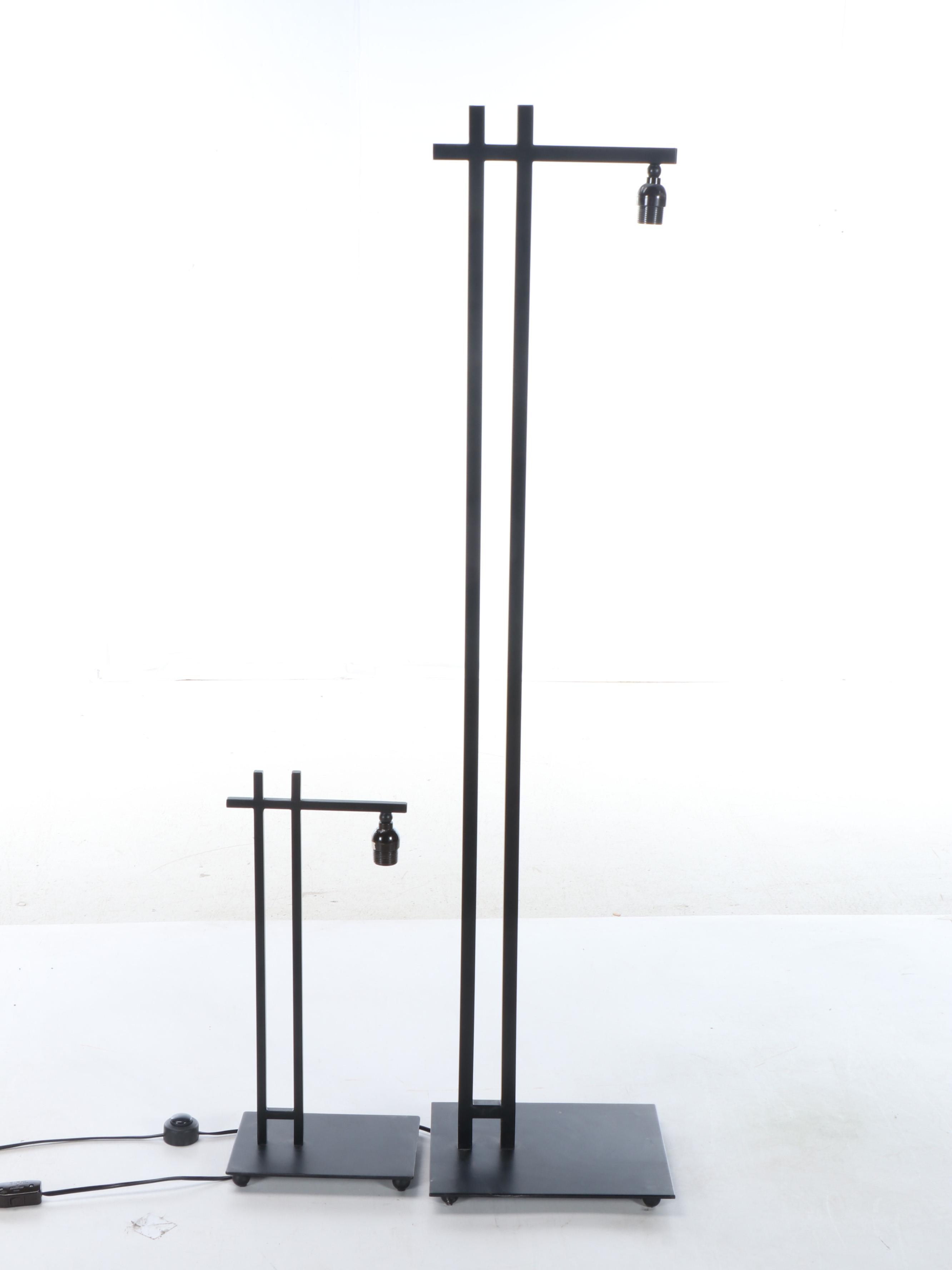 Postmodern Style Bridge Arm Metal Floor and Table Lamp and Drum Shades, 2001
