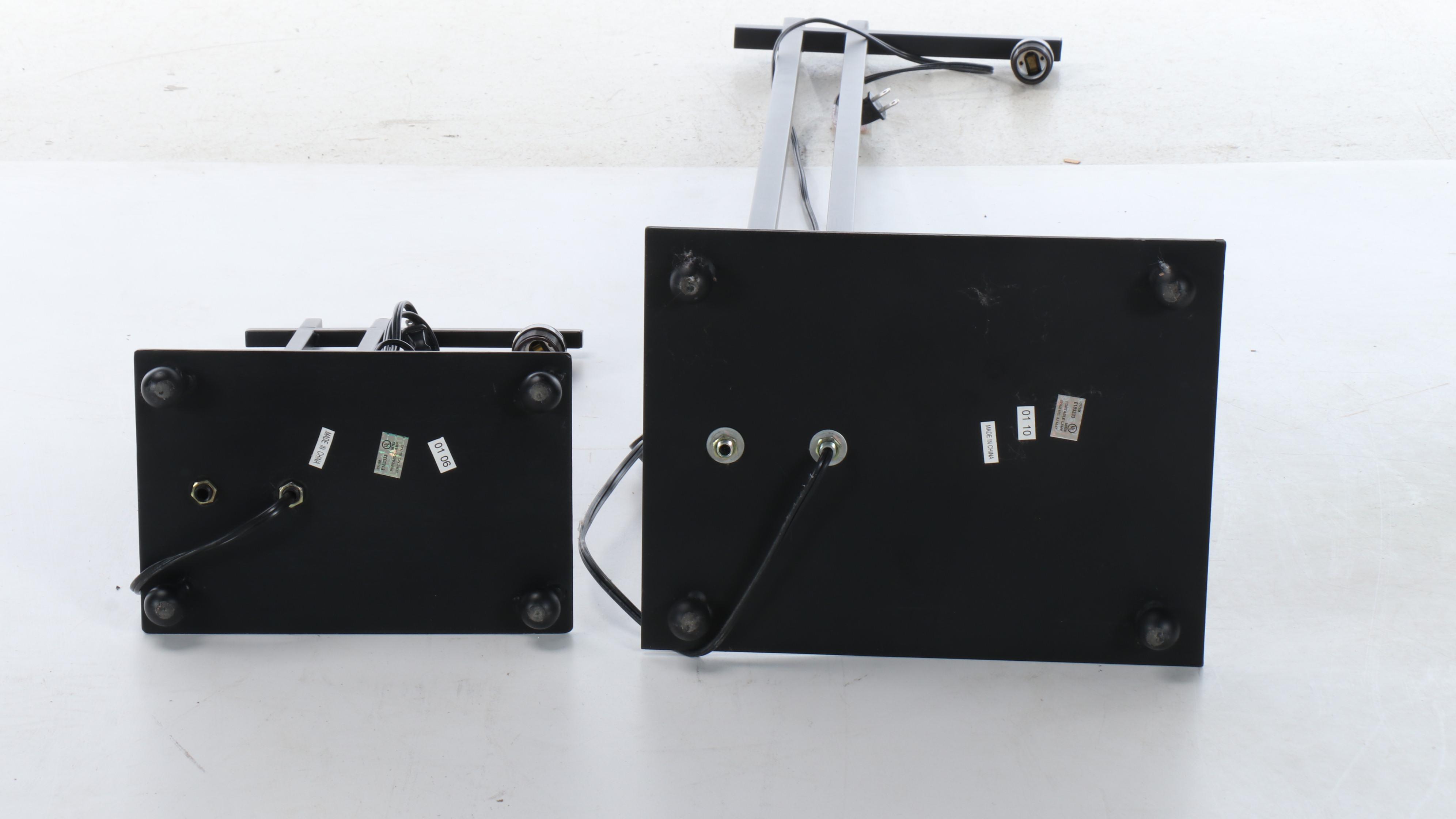 Postmodern Style Bridge Arm Metal Floor and Table Lamp and Drum Shades, 2001