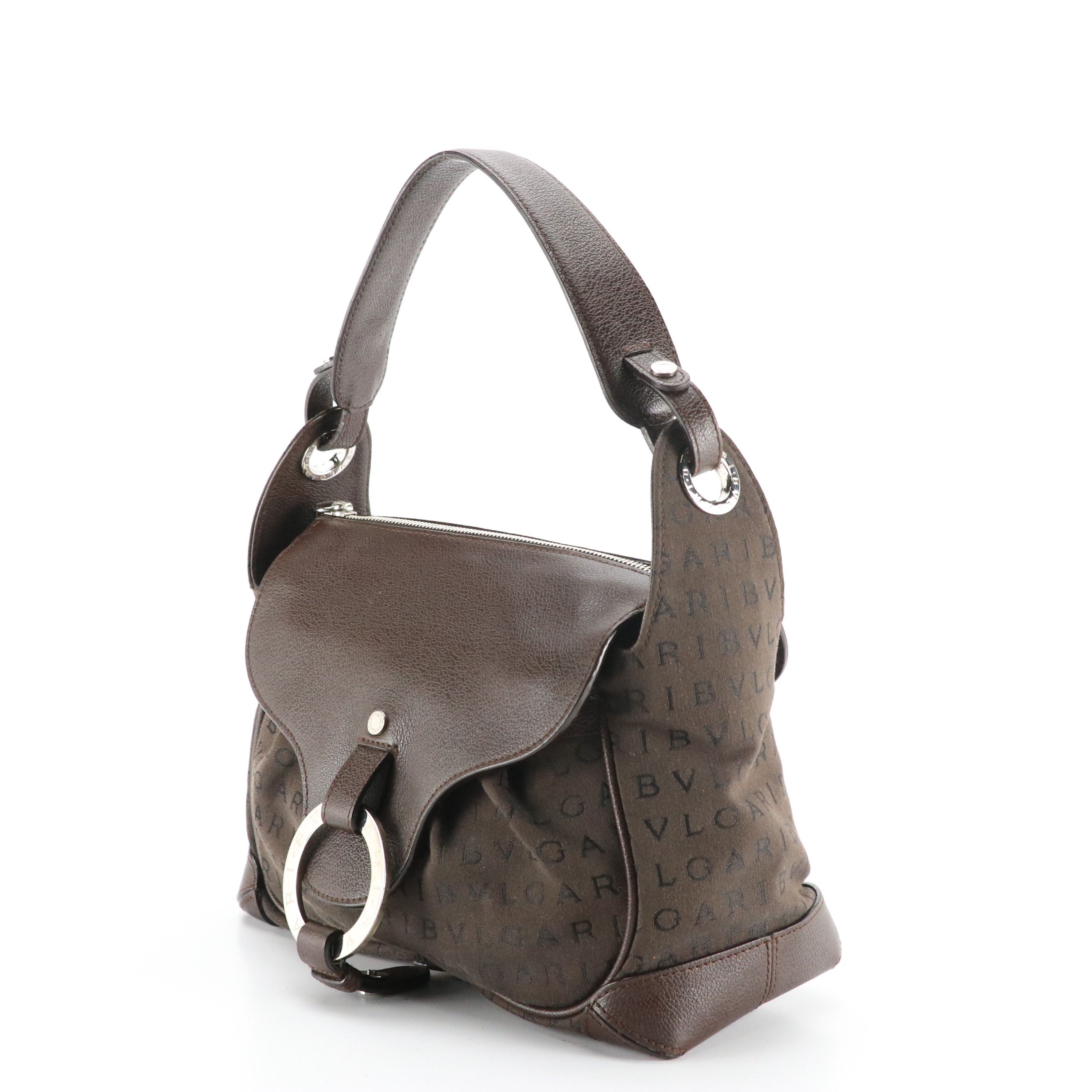 BVLGARI Shoulder Bag in Brown Logomania Canvas and Grained Leather