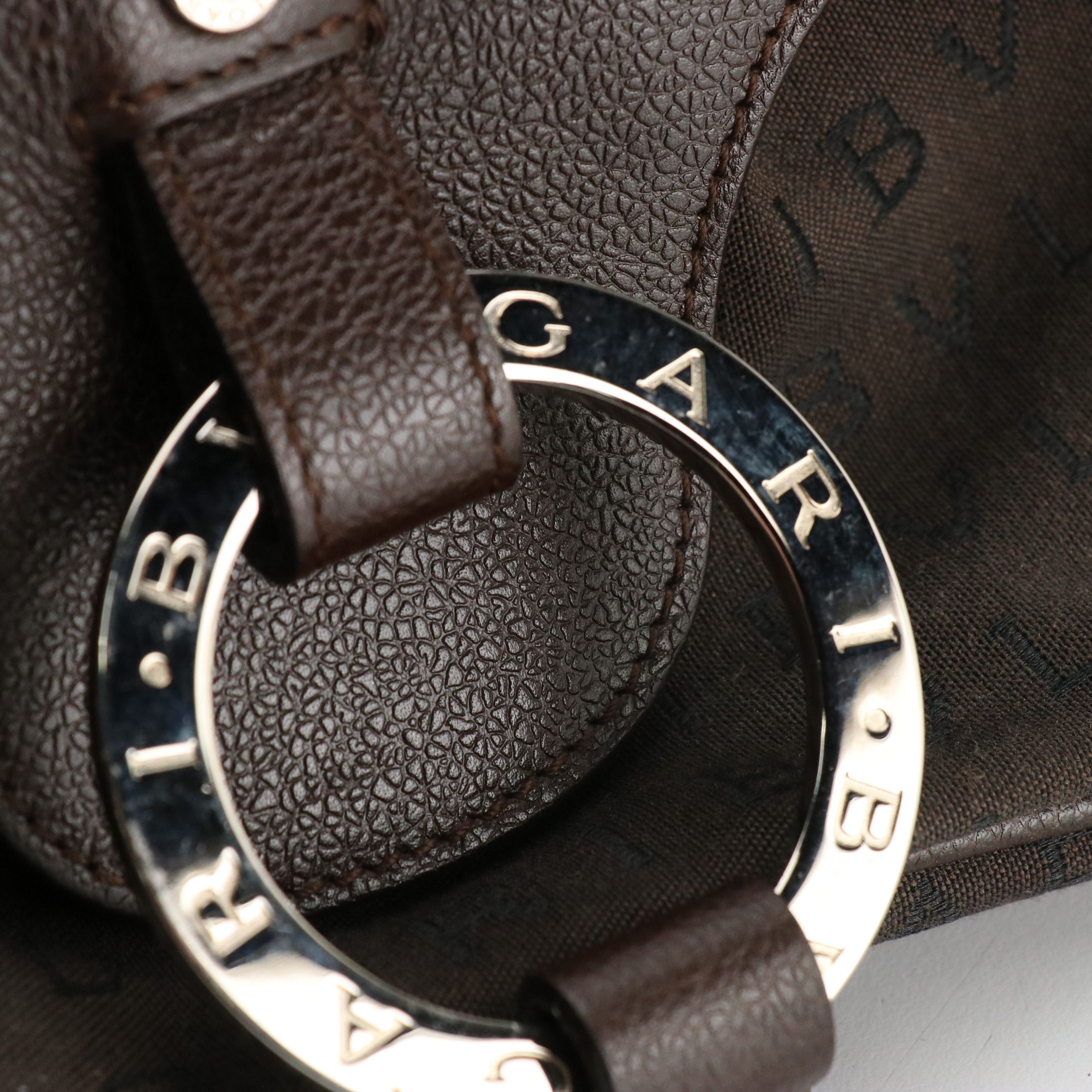 BVLGARI Shoulder Bag in Brown Logomania Canvas and Grained Leather