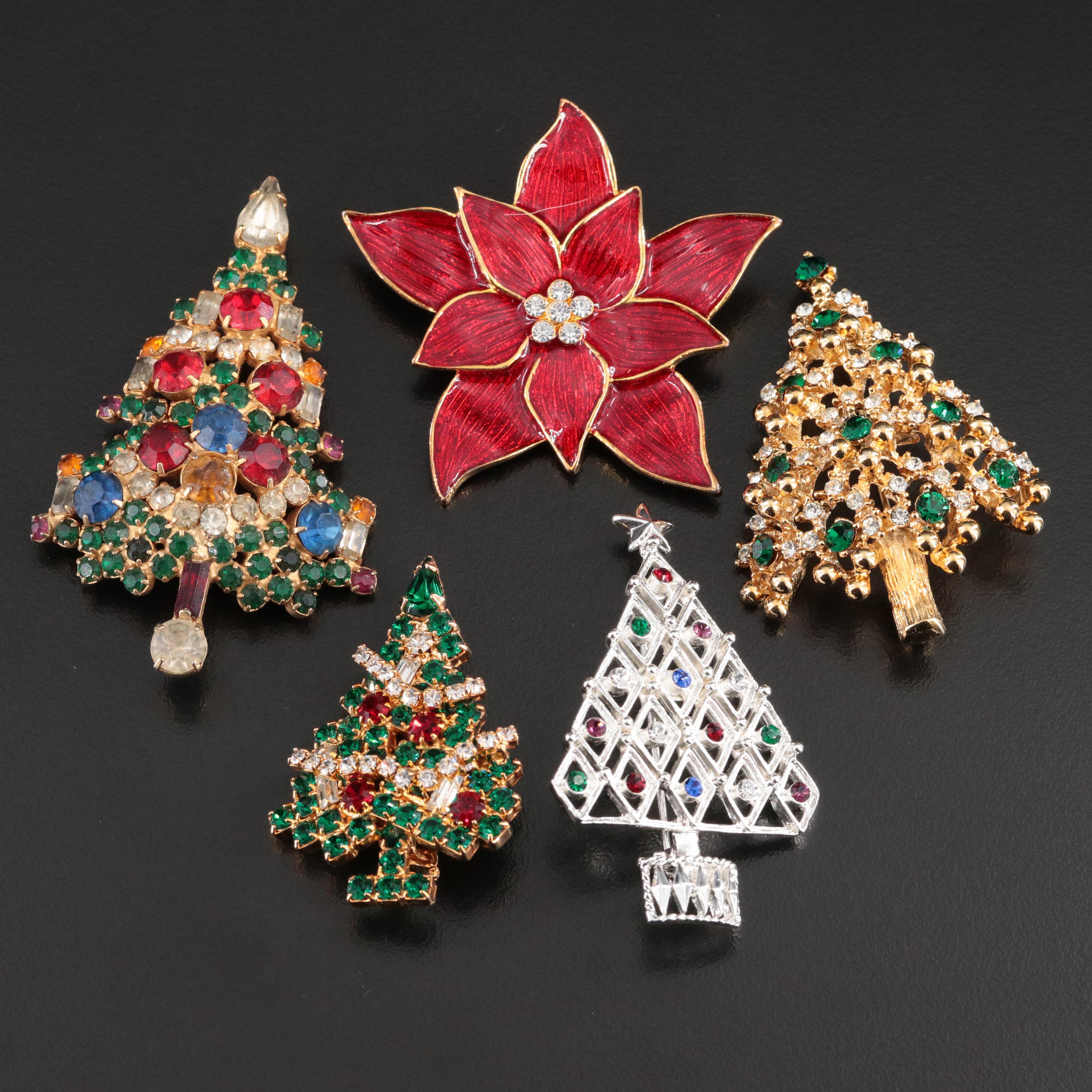 Eisenberg Ice, Warner and Eisenberg Christmas Tree and Poinsettia Brooches