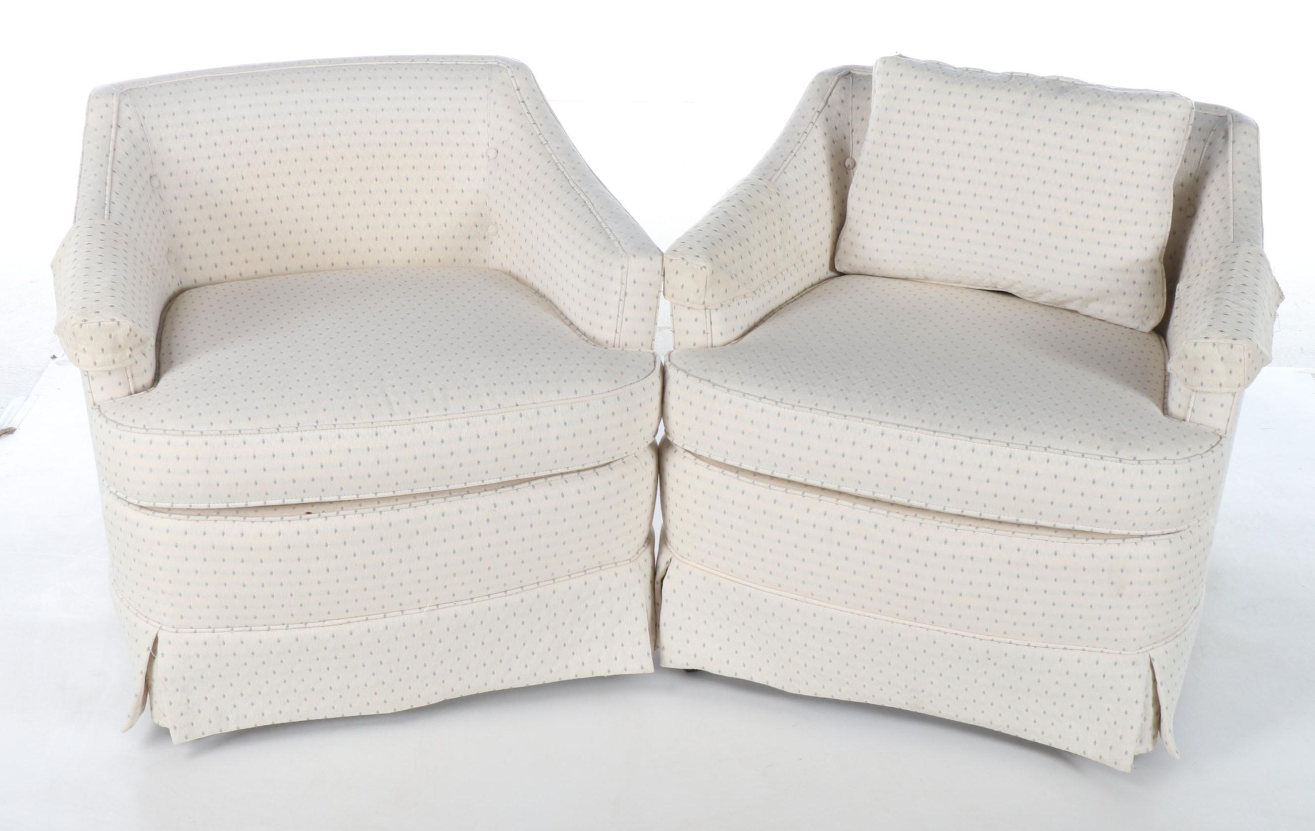 Pair of Arcadian Furniture Co. Art Deco Style Upholstered Barrel-Back Chairs