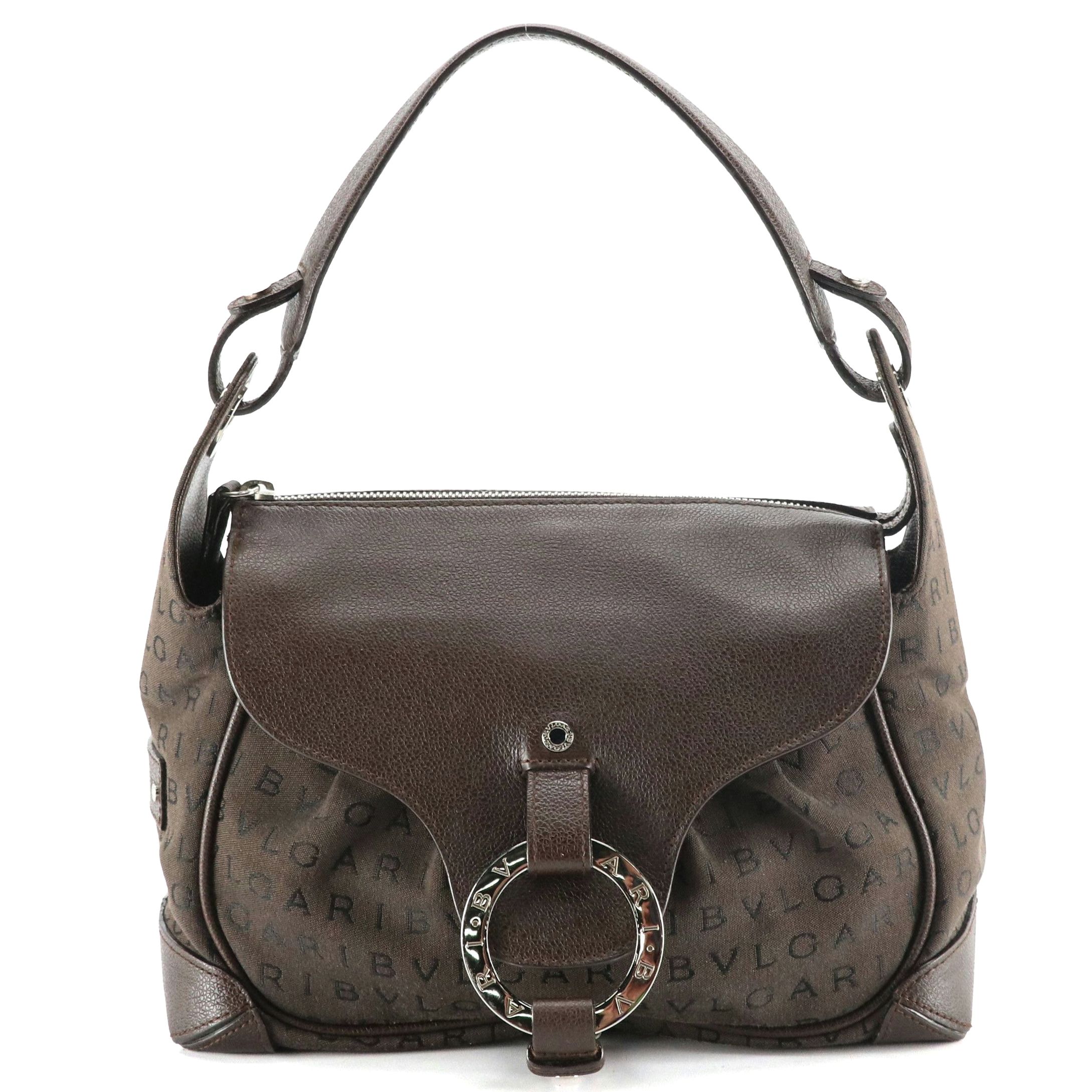BVLGARI Shoulder Bag in Brown Logomania Canvas and Grained Leather