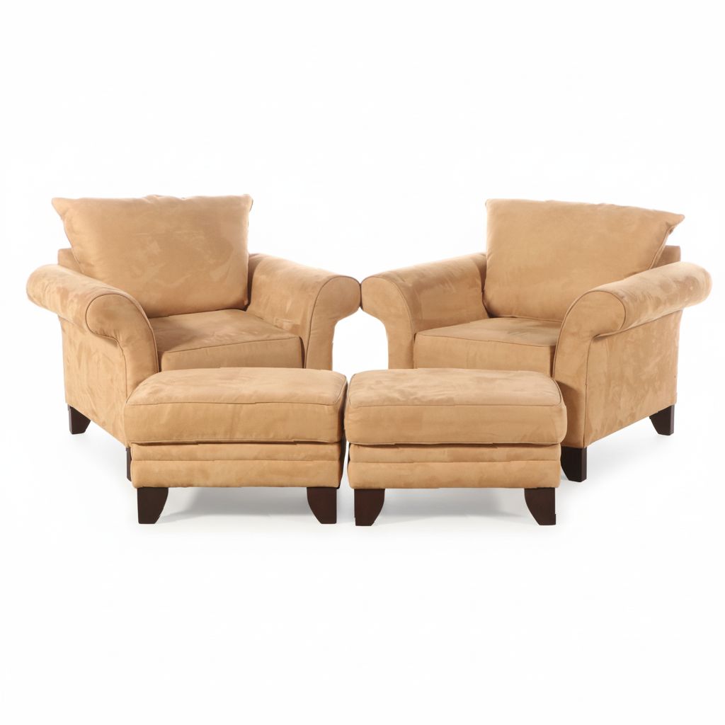 Pair of Bassett Furniture Faux Suede Upholstered Armchairs and Ottomans