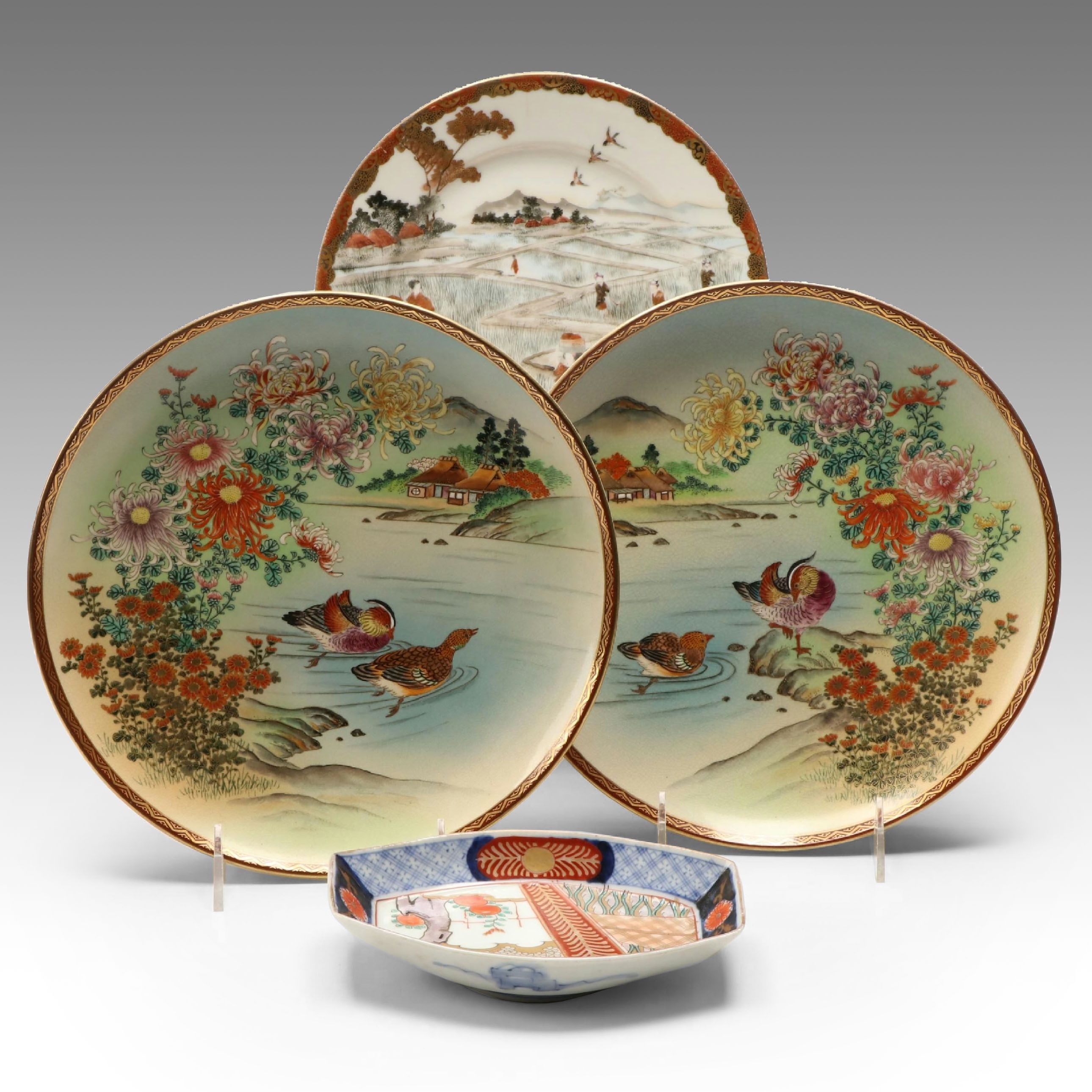 Japanese Satsuma and Kutani Porcelain Plates with Imari Tray, Antique