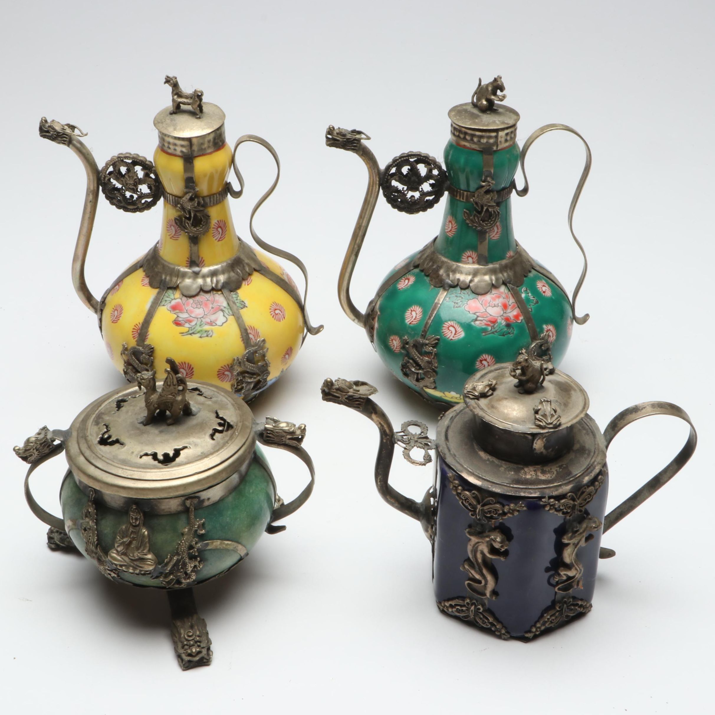 Chinese Porcelain and Tibetan Silver Dragon Teapots and Censer